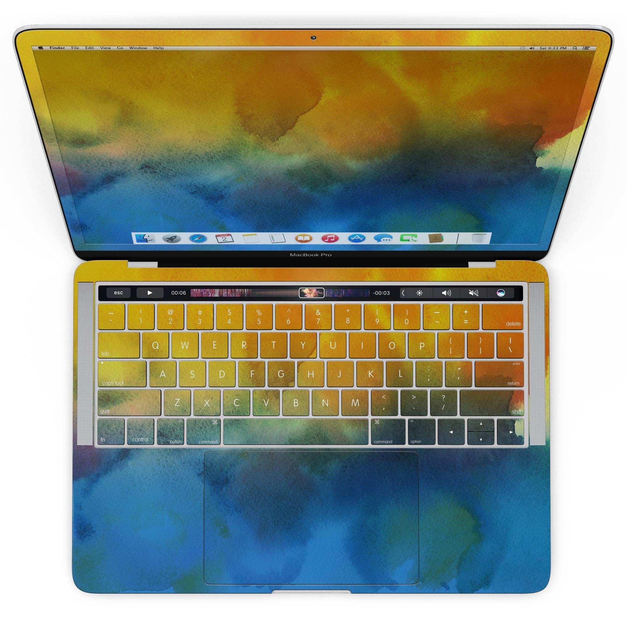 Blotted 64 Absorbed Watercolor Texture skin applied on a MacBook Pro with Touch Bar, showcasing vibrant colors and a sleek design.