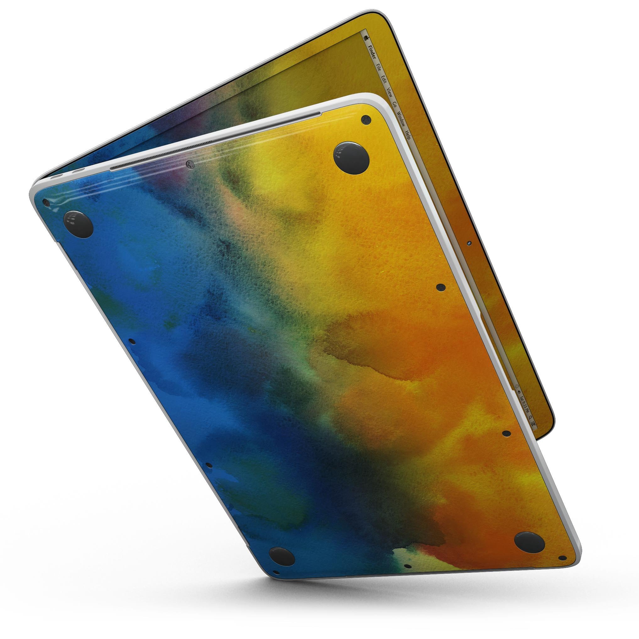 Blotted 64 Absorbed Watercolor Texture skin applied on a MacBook Pro with Touch Bar, showcasing vibrant colors and a sleek design.