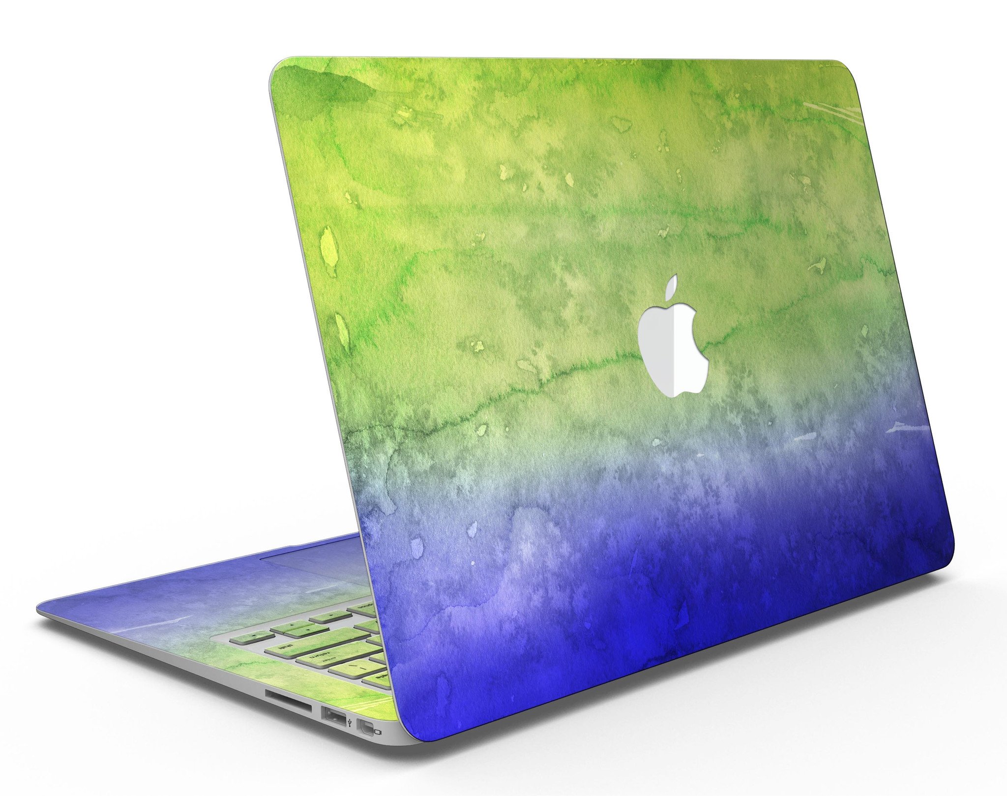 Blotted Blue 73 Absorbed Watercolor Texture MacBook Air Skin Kit showcasing vibrant watercolor design on a sleek MacBook Air.