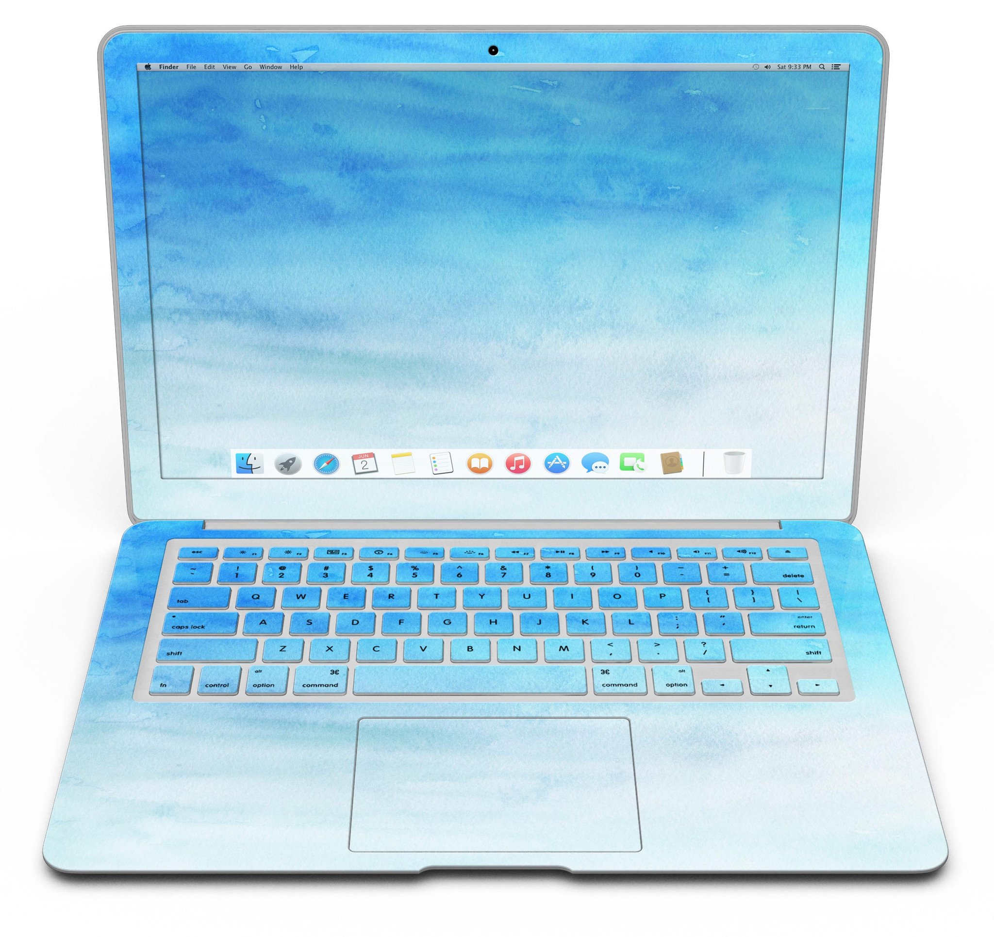 Blotted Blues Absorbed Watercolor Texture MacBook Air Skin Kit showcasing vibrant watercolor design on a sleek MacBook Air.