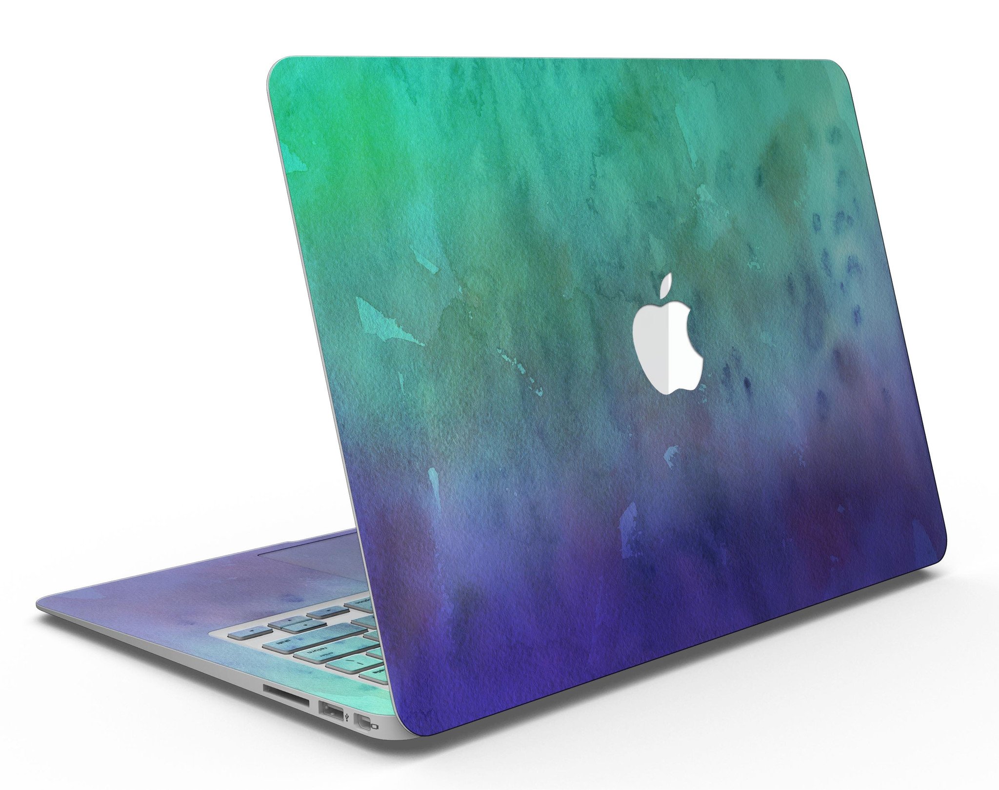 Blotted Green 97 Absorbed Watercolor Texture MacBook Air Skin Kit showcasing vibrant watercolor design on premium vinyl.