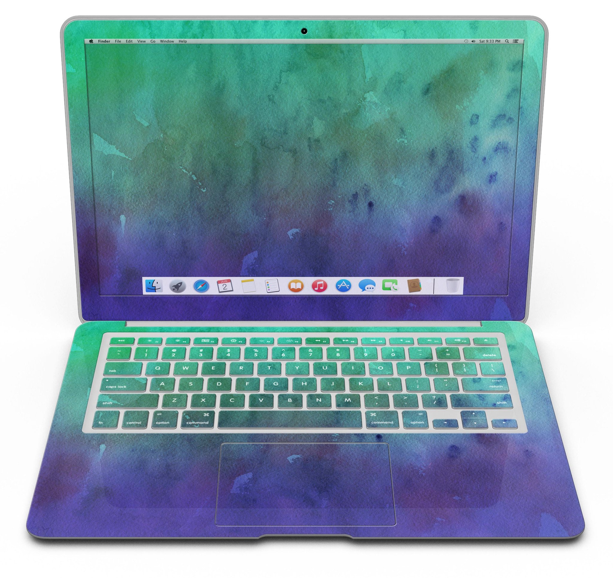 Blotted Green 97 Absorbed Watercolor Texture MacBook Air Skin Kit showcasing vibrant watercolor design on premium vinyl.