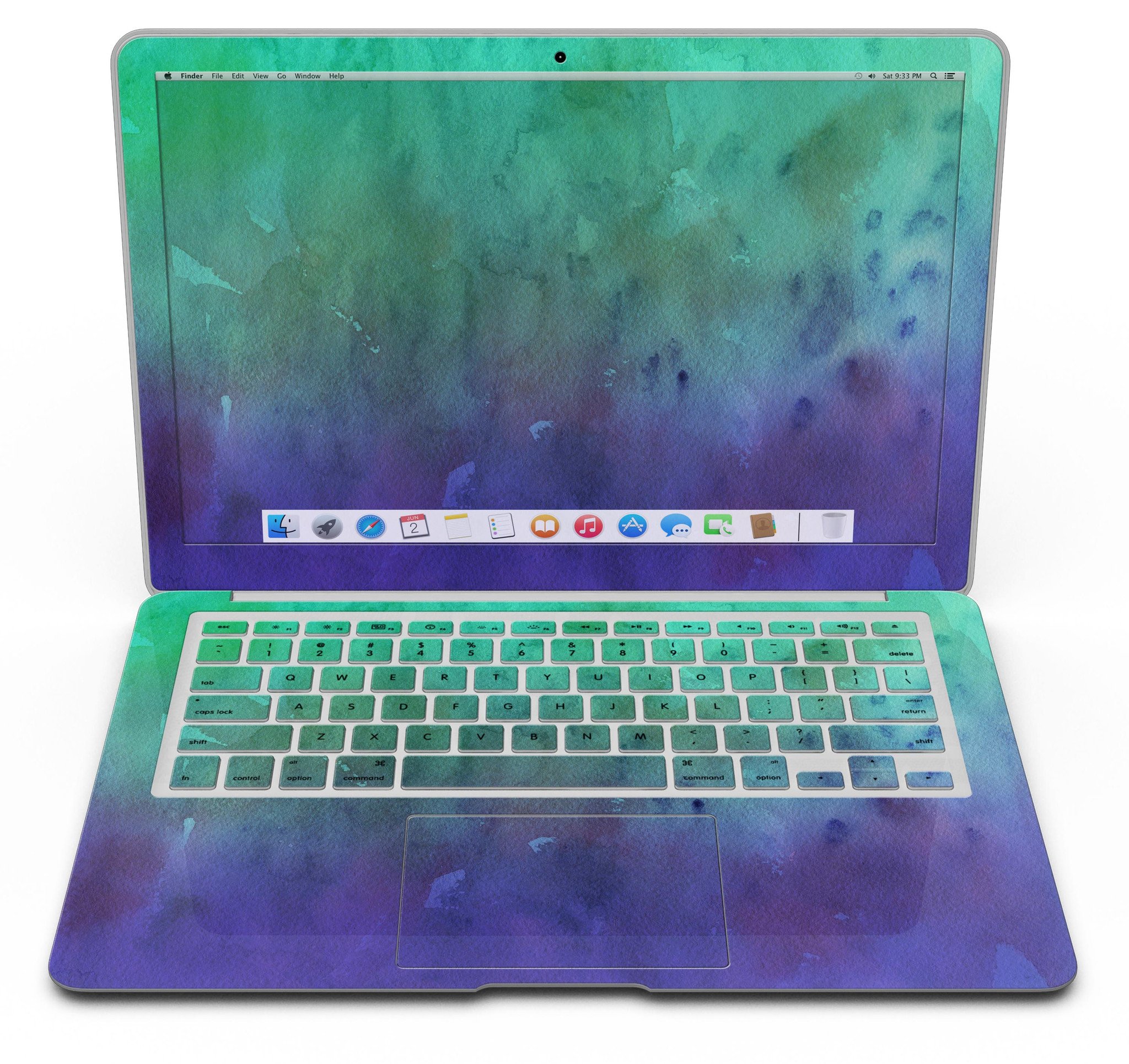 Blotted Green 97 Absorbed Watercolor Texture MacBook Air Skin Kit showcasing vibrant watercolor design on premium vinyl.
