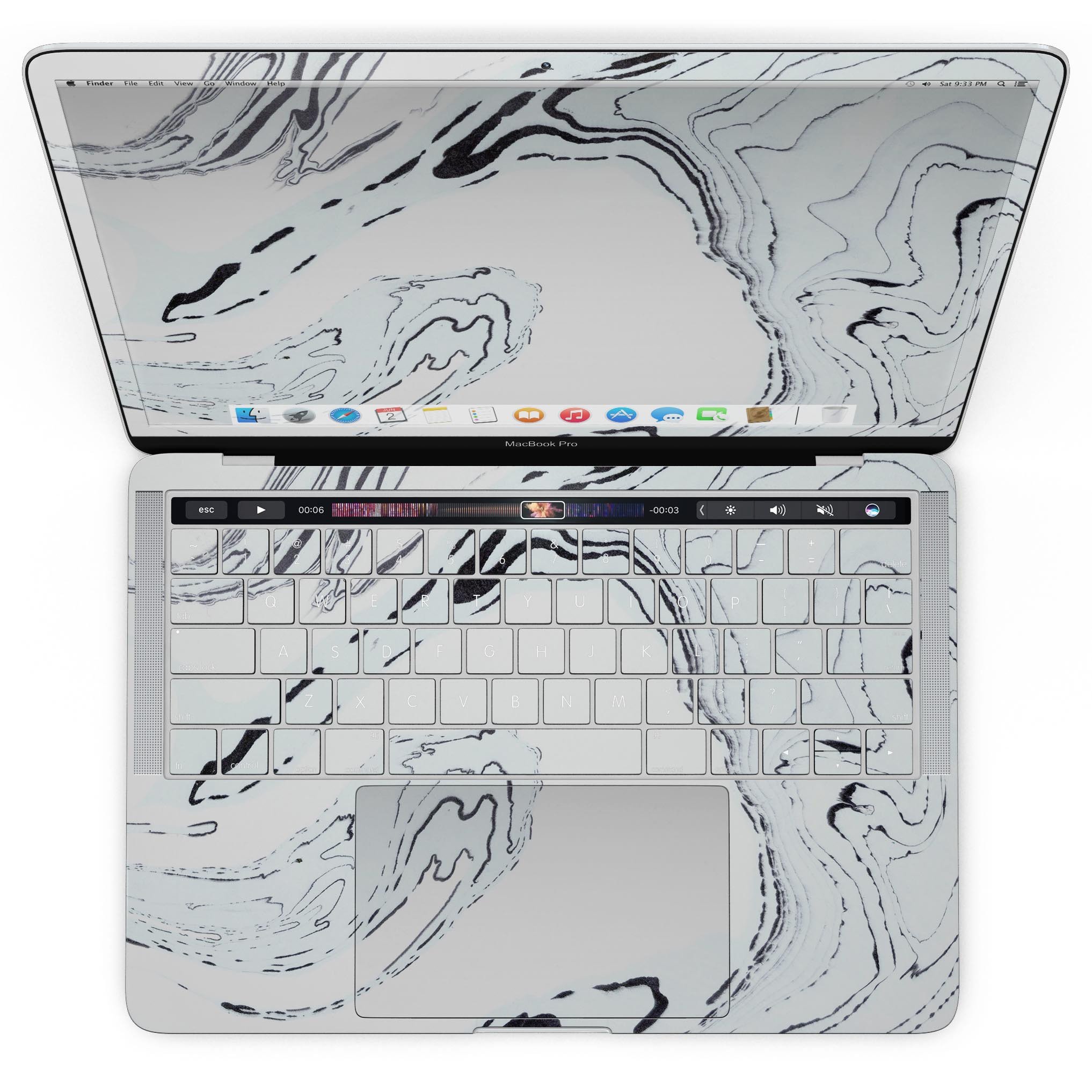 Blue 19 Textured Marble skin applied to a MacBook Pro with Touch Bar, showcasing its stylish design and premium finish.