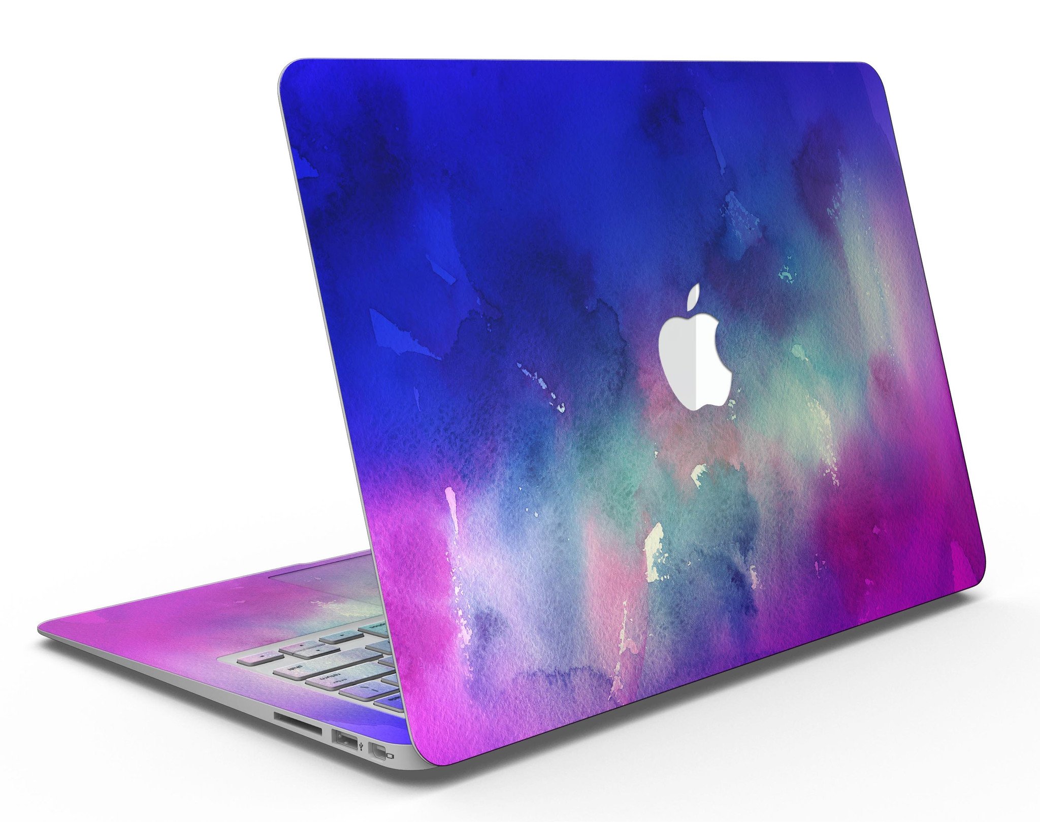 Blue 97 Absorbed Watercolor Texture skin applied to a MacBook Air, showcasing vibrant colors and smooth finish.