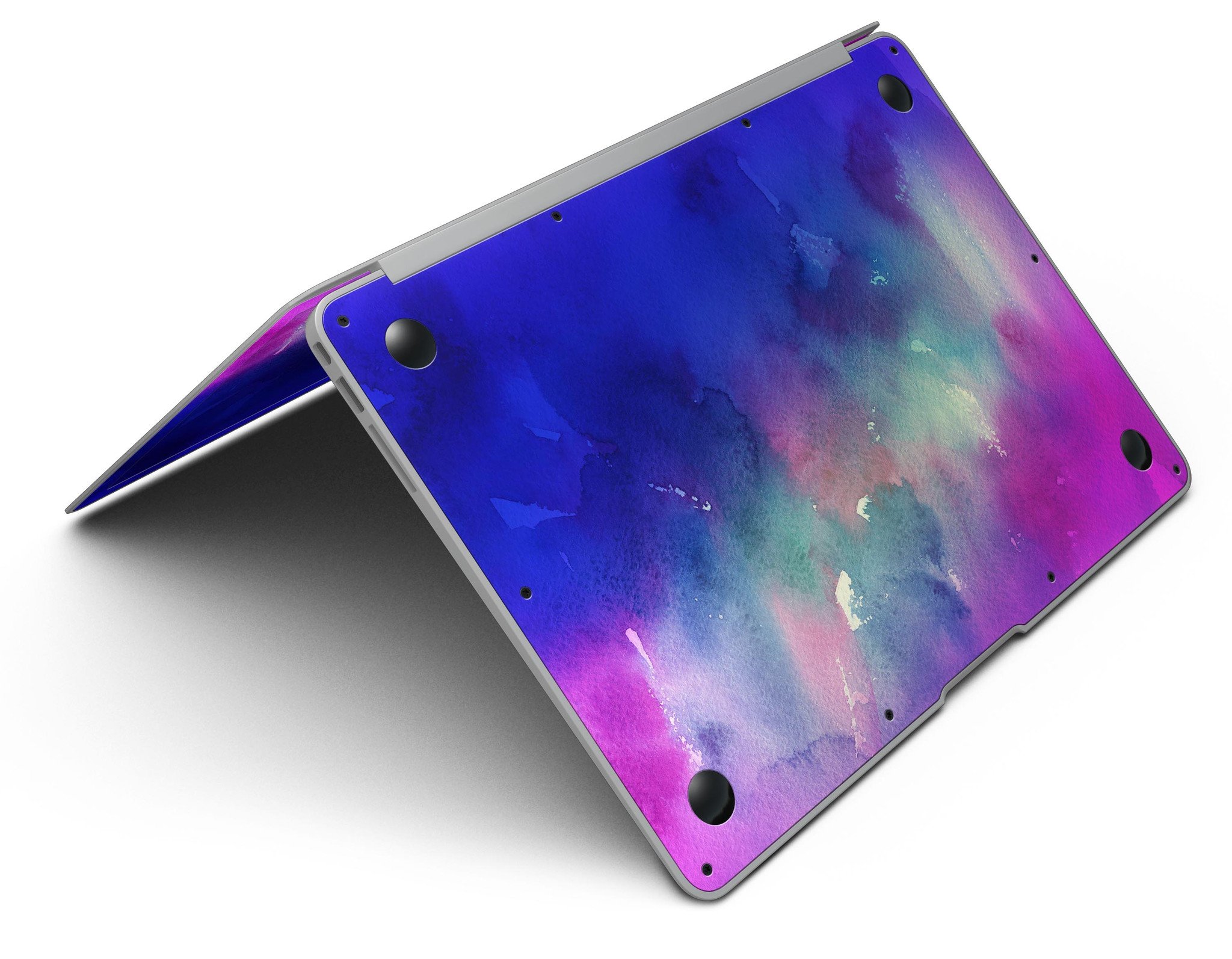 Blue 97 Absorbed Watercolor Texture skin applied to a MacBook Air, showcasing vibrant colors and smooth finish.