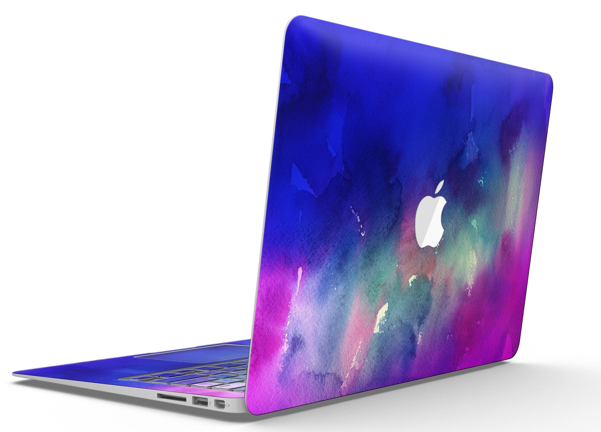Blue 97 Absorbed Watercolor Texture skin applied to a MacBook Air, showcasing vibrant colors and smooth finish.