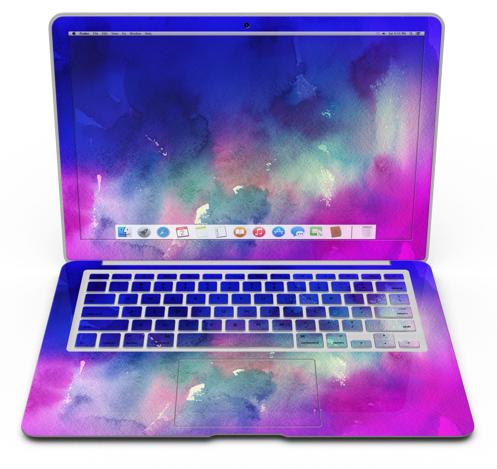 Blue 97 Absorbed Watercolor Texture skin applied to a MacBook Air, showcasing vibrant colors and smooth finish.