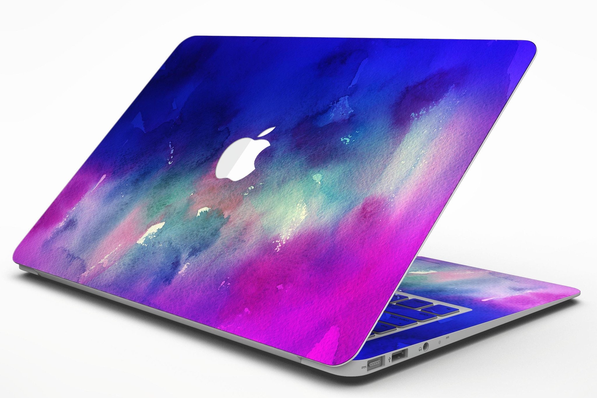 Blue 97 Absorbed Watercolor Texture skin applied to a MacBook Air, showcasing vibrant colors and smooth finish.