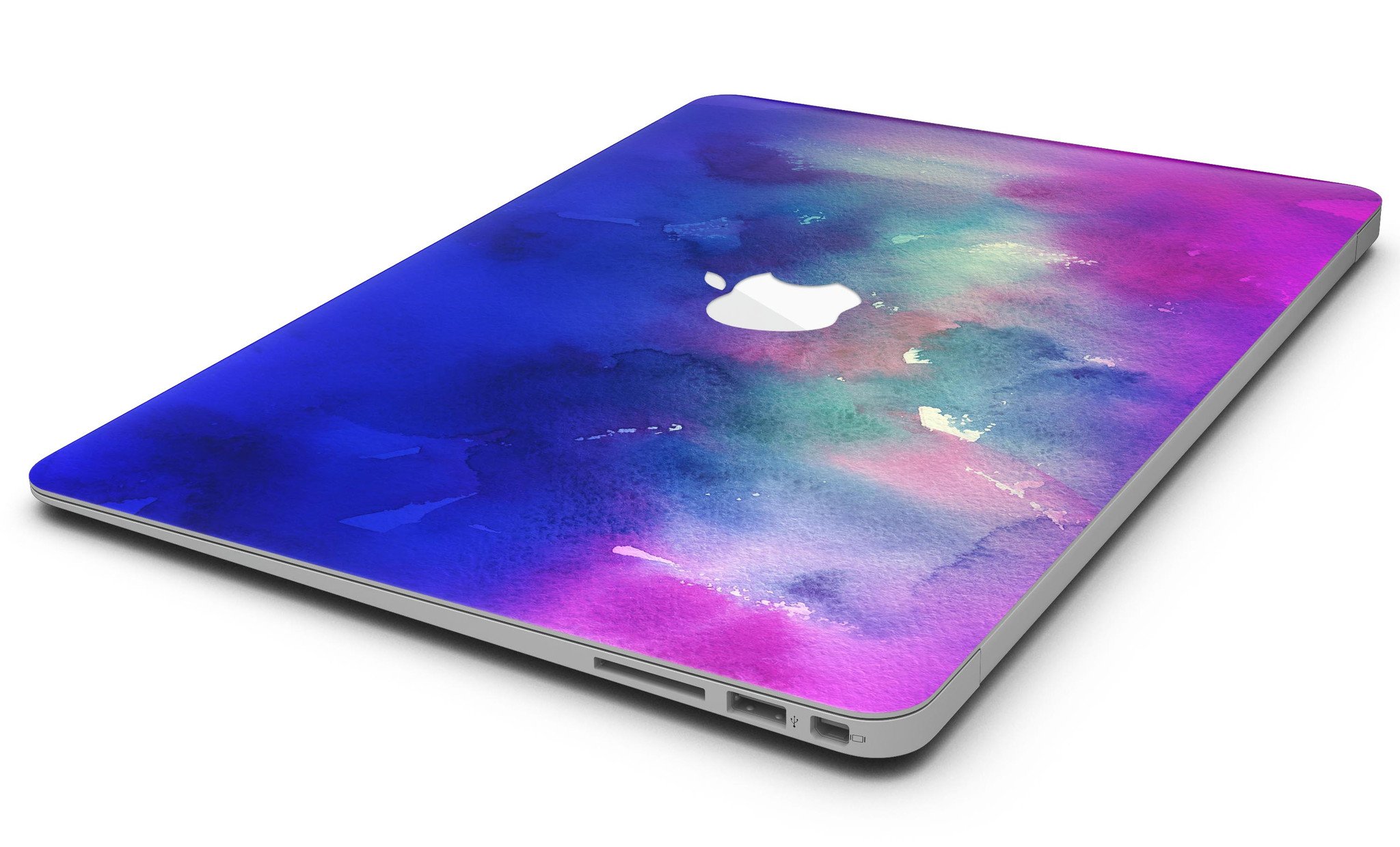 Blue 97 Absorbed Watercolor Texture skin applied to a MacBook Air, showcasing vibrant colors and smooth finish.