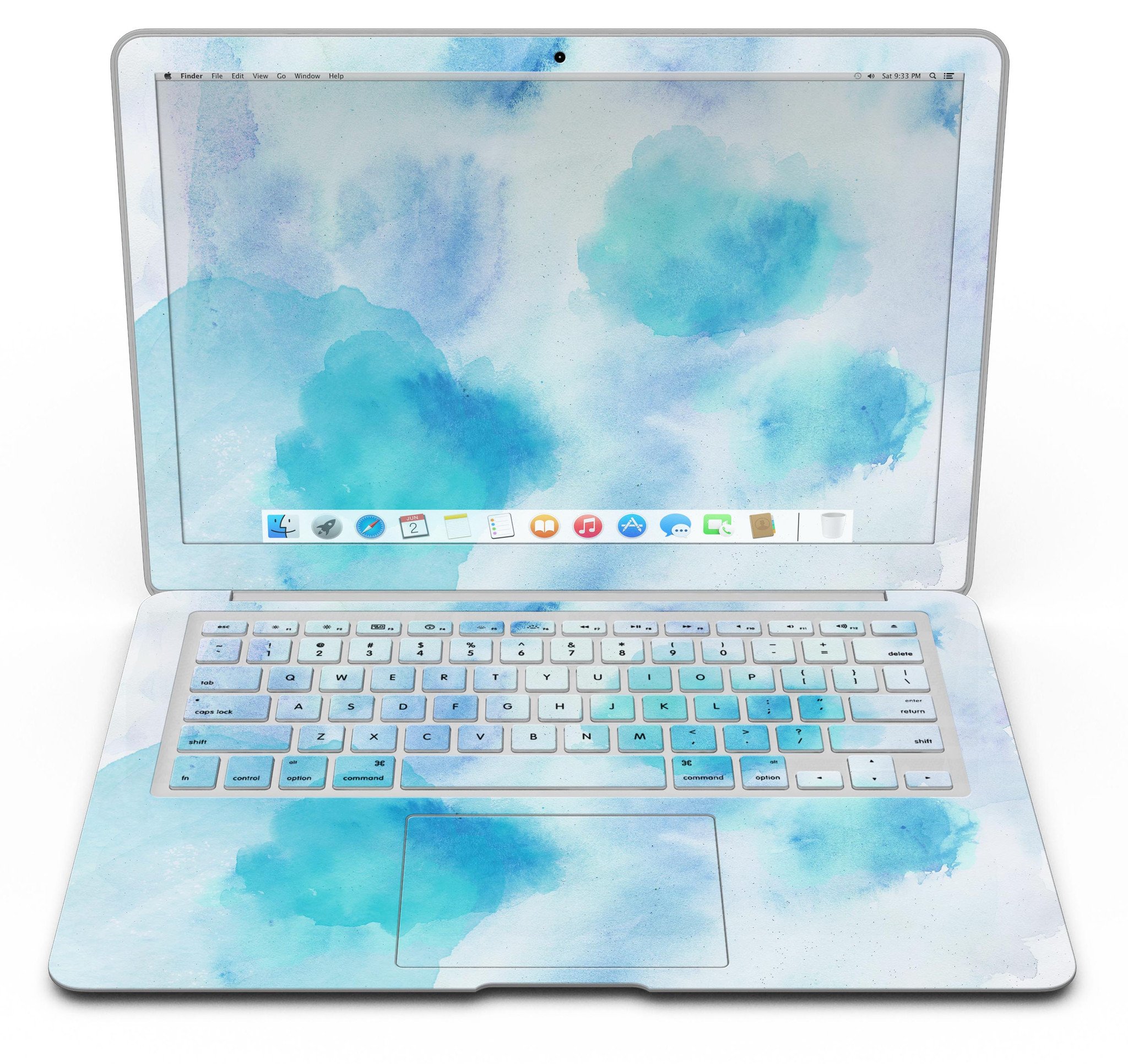 Blue 98 Absorbed Watercolor Texture MacBook Air Skin Kit showcasing vibrant watercolor design on a sleek MacBook Air.