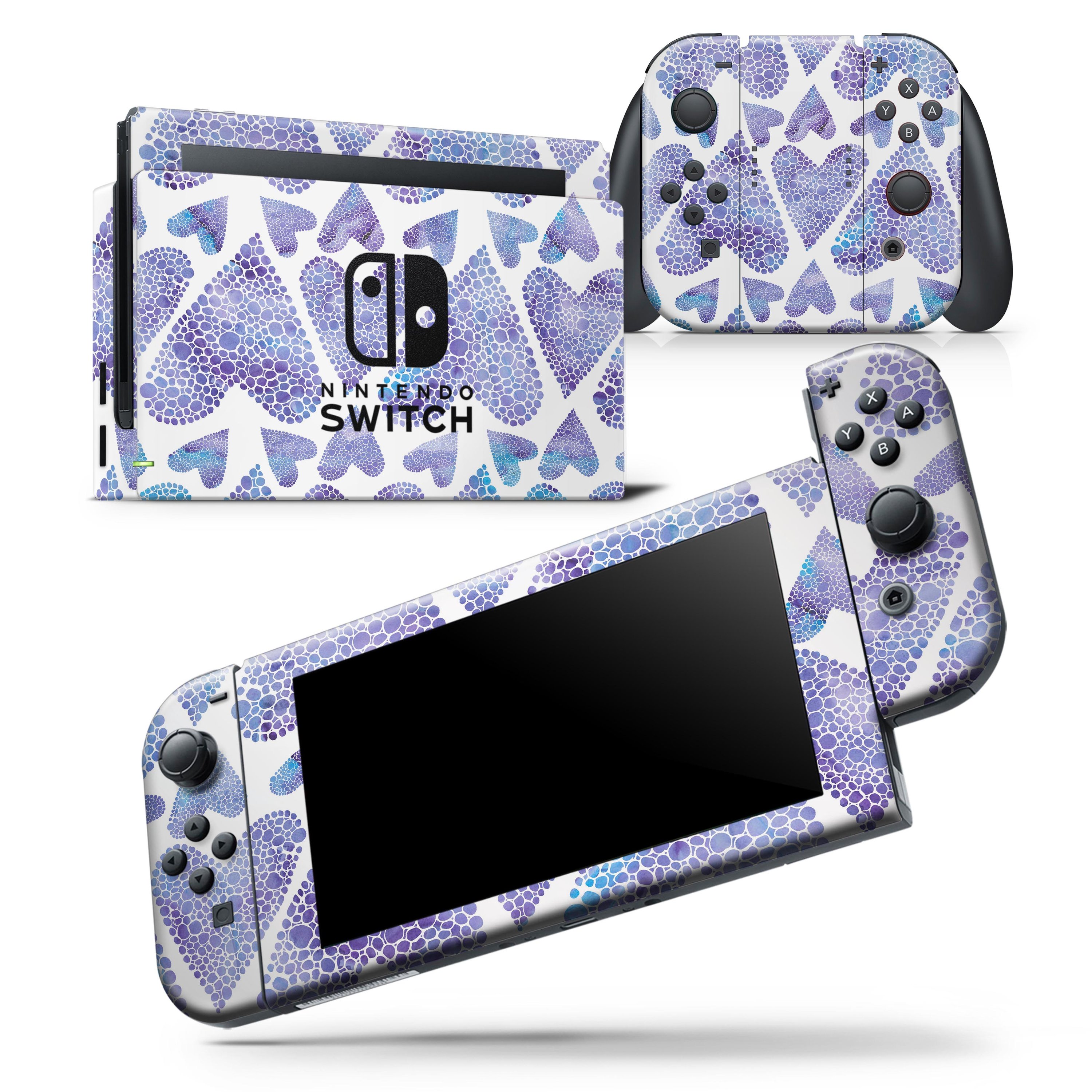 Blue Abstract Inverted Hearts skin wrap decal for Nintendo Switch, showcasing a vibrant design that fits the console and controllers perfectly.
