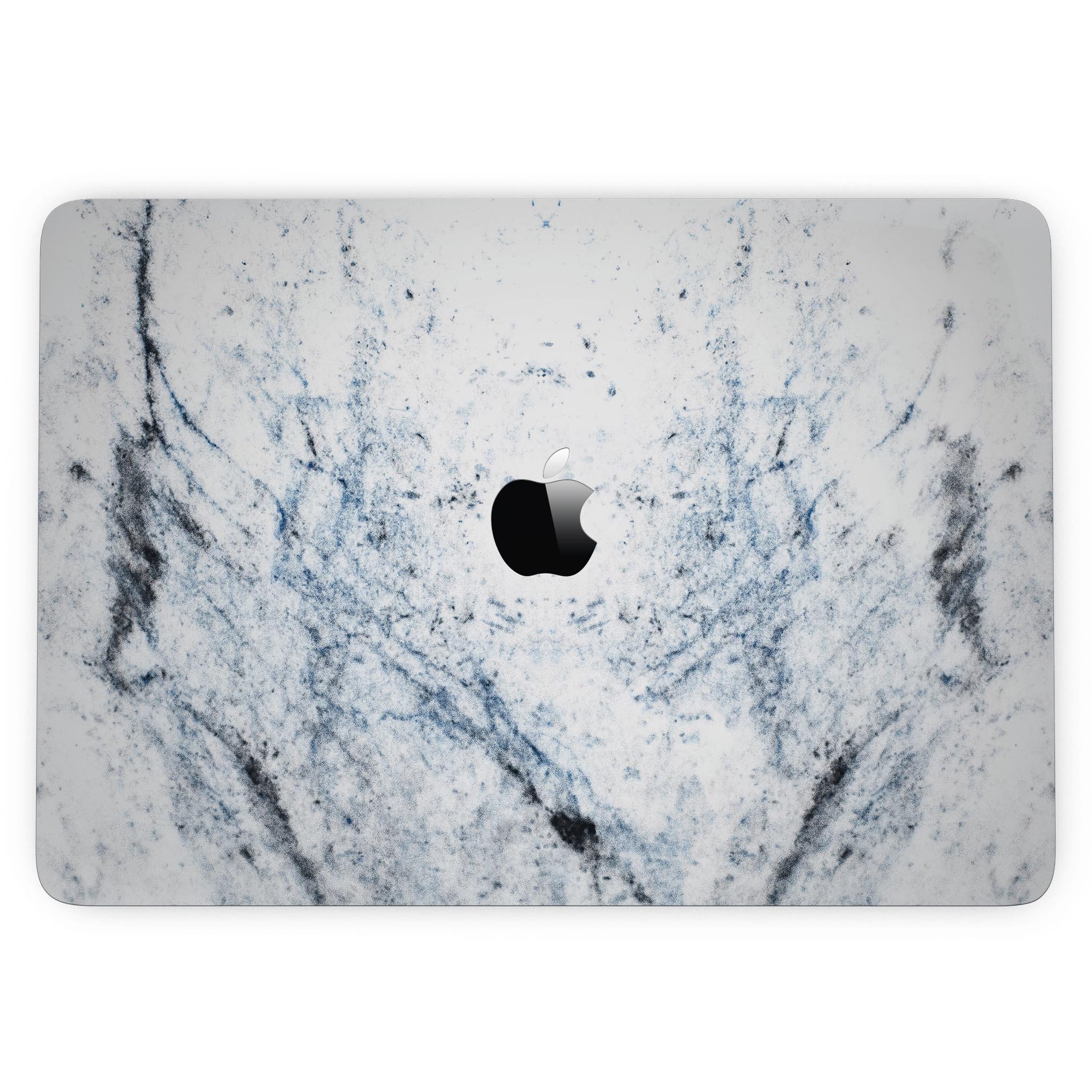 Blue and Black Grunge skin for MacBook Pro on a white marble surface, showcasing a stylish design that protects the device.