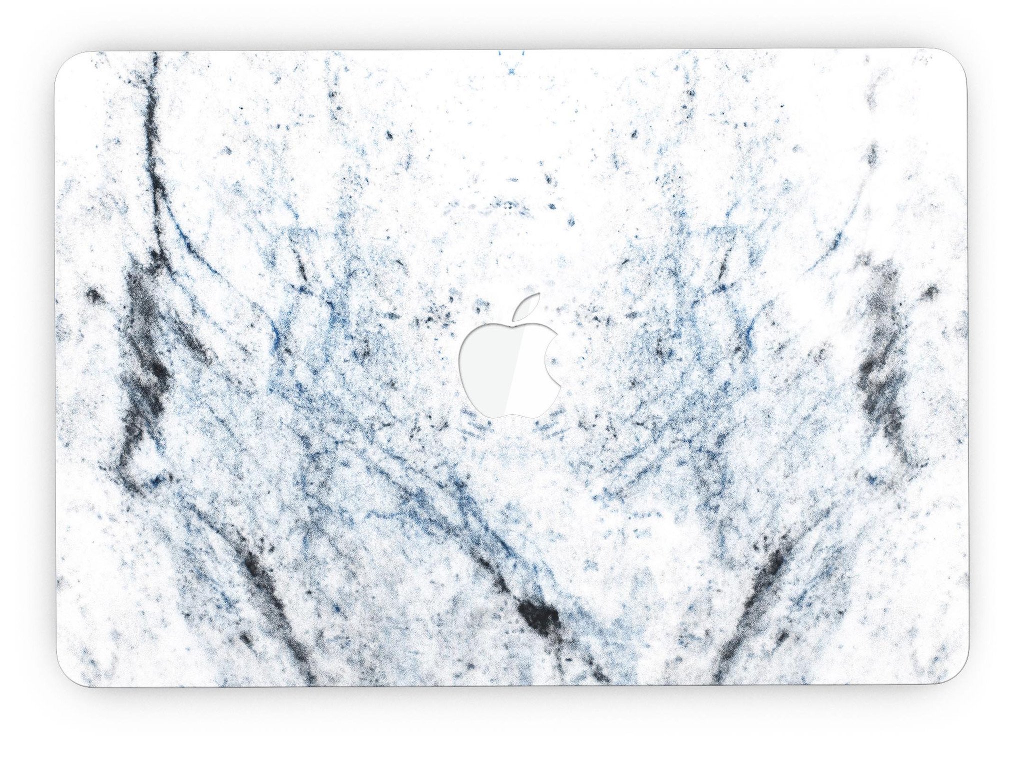Blue and black grunge vinyl skin on a MacBook Pro with Retina Display, showcasing a stylish design over a white marble surface.