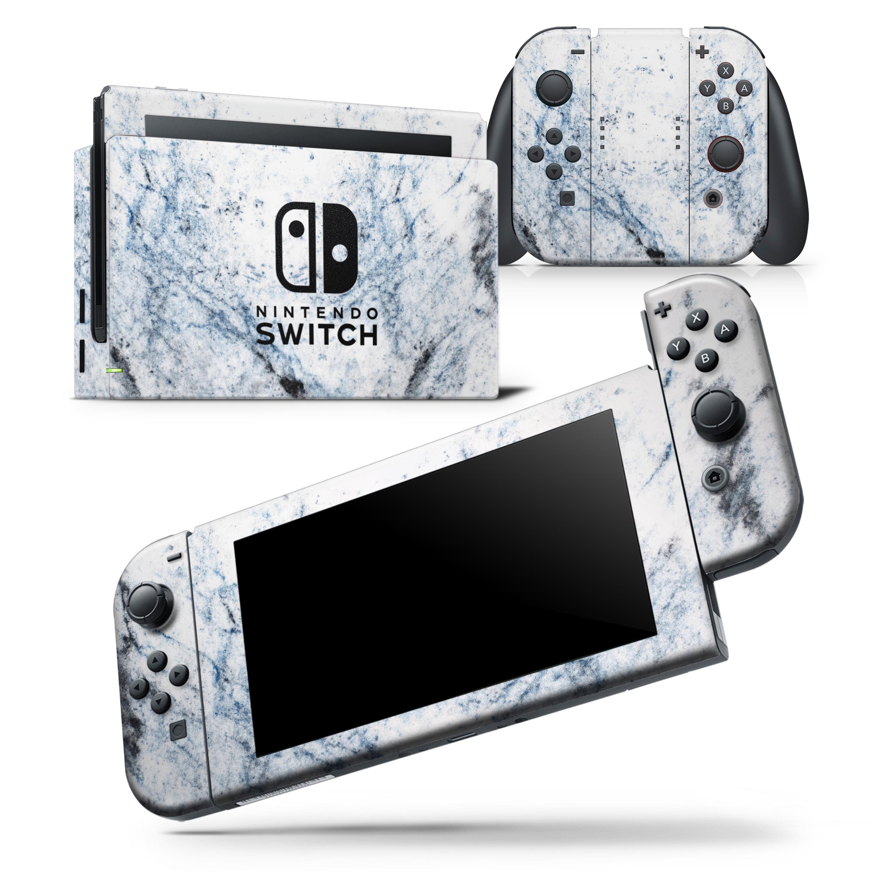 Blue and black grunge skin wrap decal on a Nintendo Switch console, showcasing a stylish design over a white marble surface.