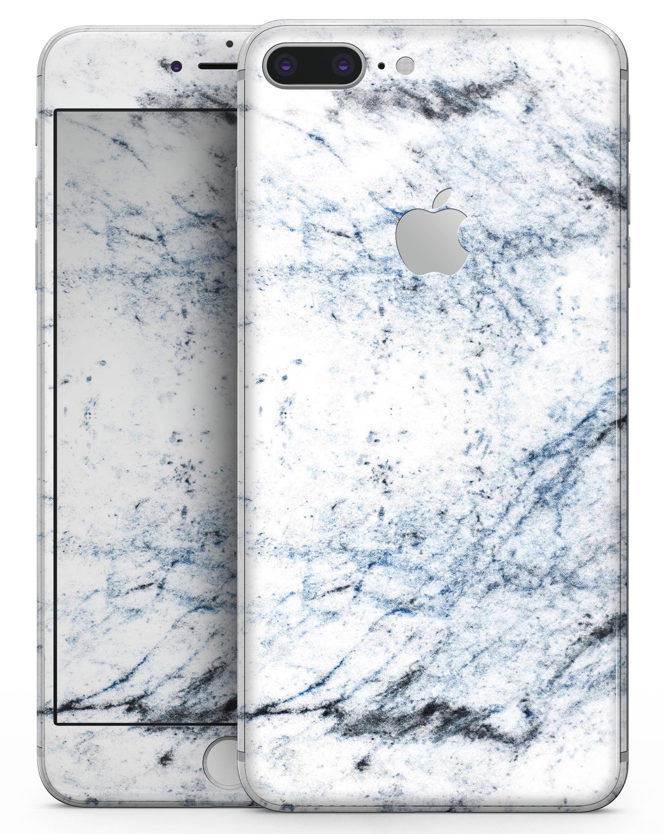 Blue and Black Grunge Skin-kit for iPhone 8 and 8 Plus on a white marble surface, showcasing its stylish design.