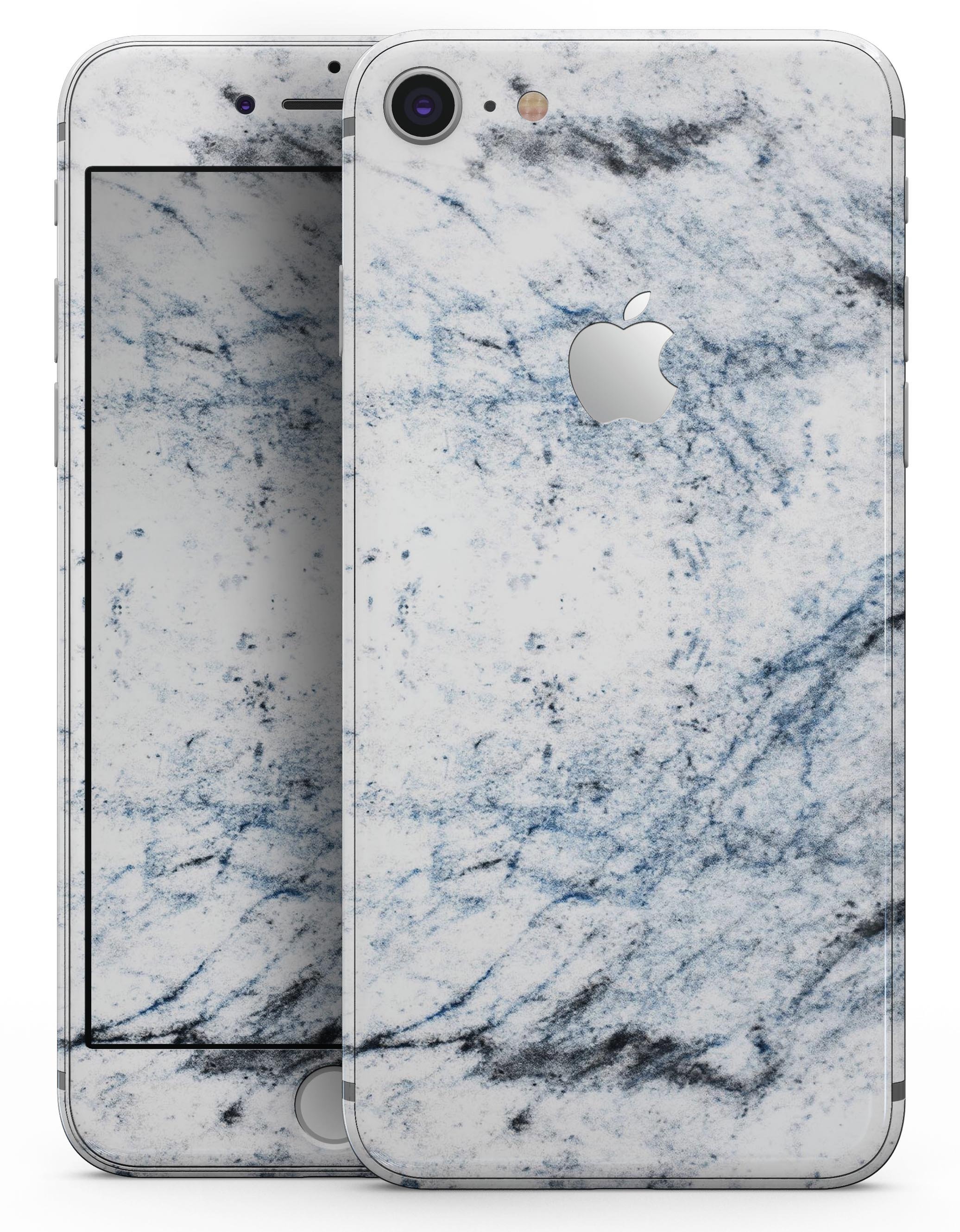 Blue and Black Grunge Skin-kit for iPhone 8 and 8 Plus on a white marble surface, showcasing its stylish design.