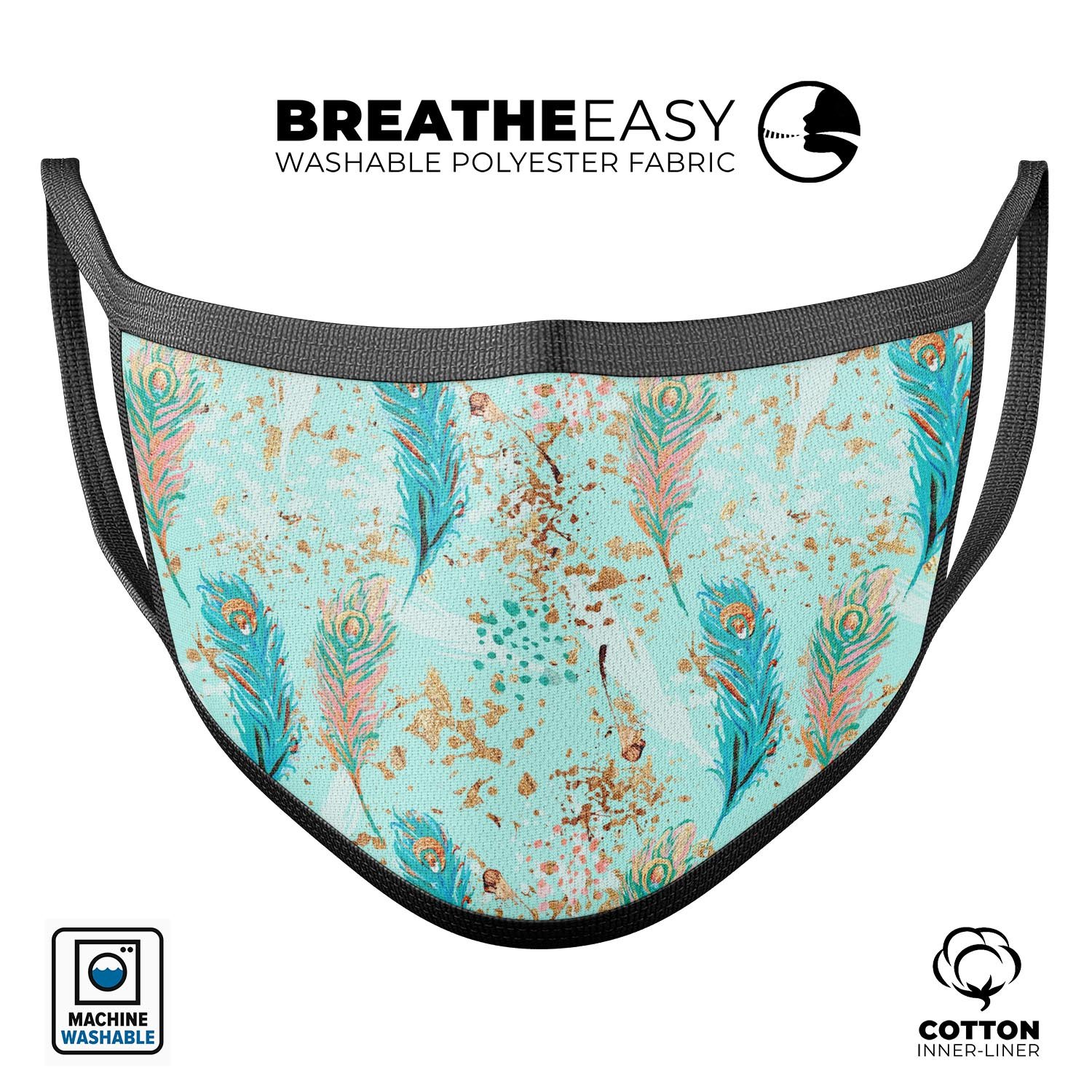 A vibrant blue and coral feather-patterned face mask with teal strokes, showcasing its unique design and comfortable fit.