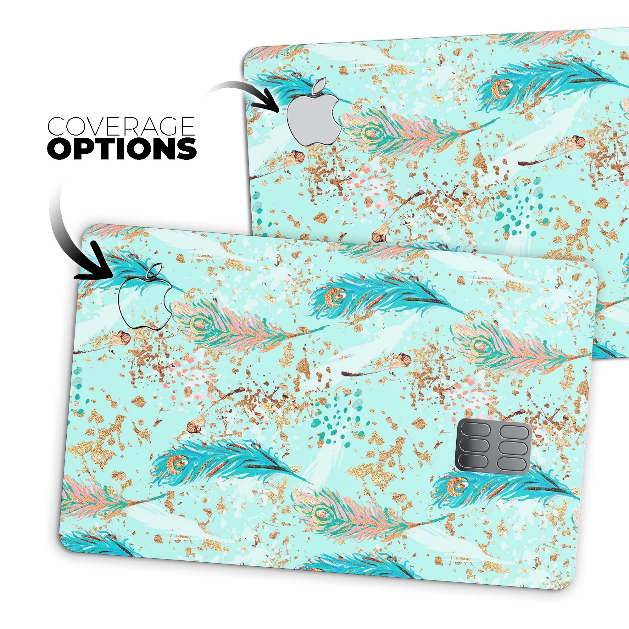 Blue and coral feather design protective decal for Apple Card, featuring teal strokes for added style and protection.