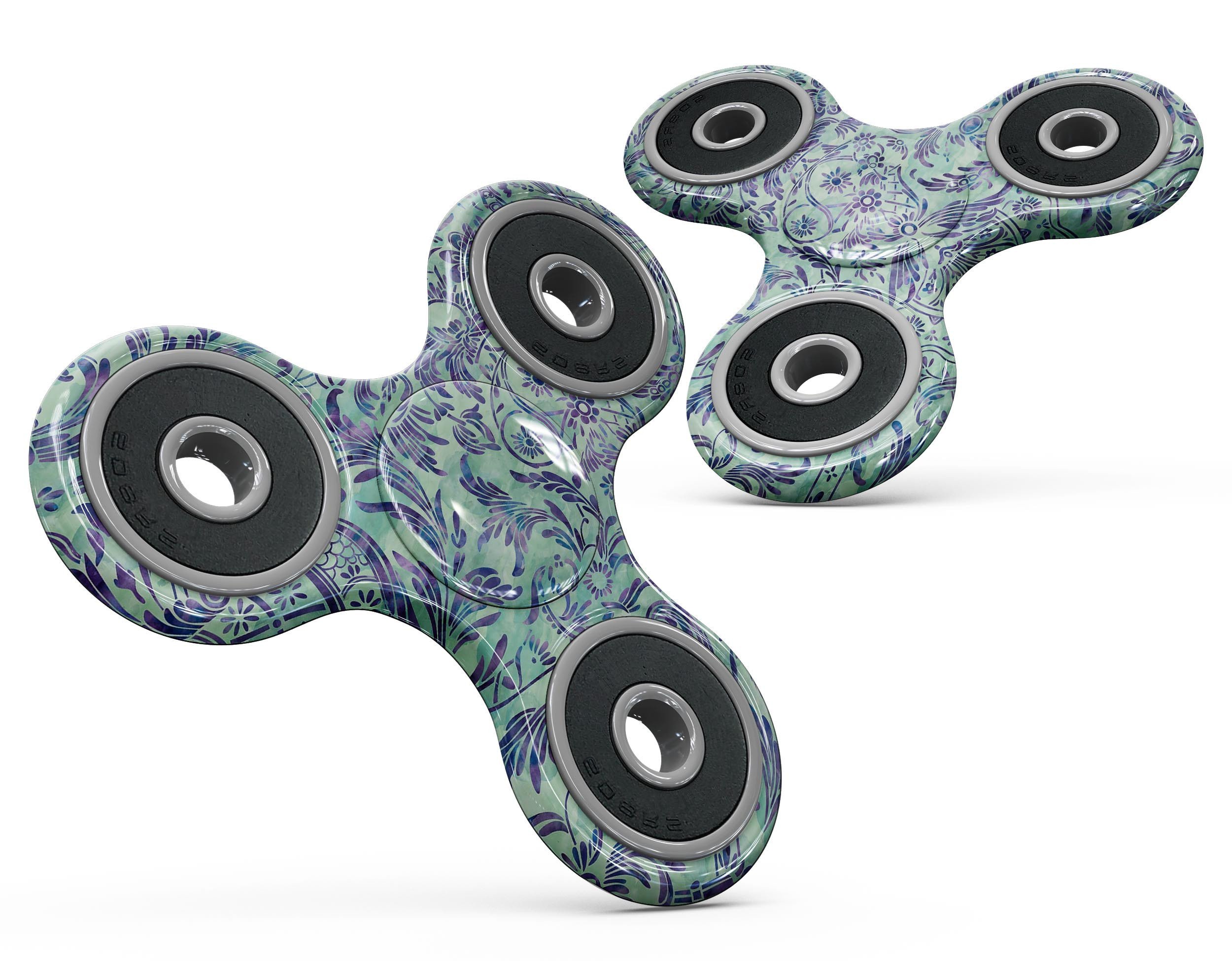 Blue and Green Damask Watercolor Pattern skin for fidget spinner, showcasing vibrant colors and intricate design.