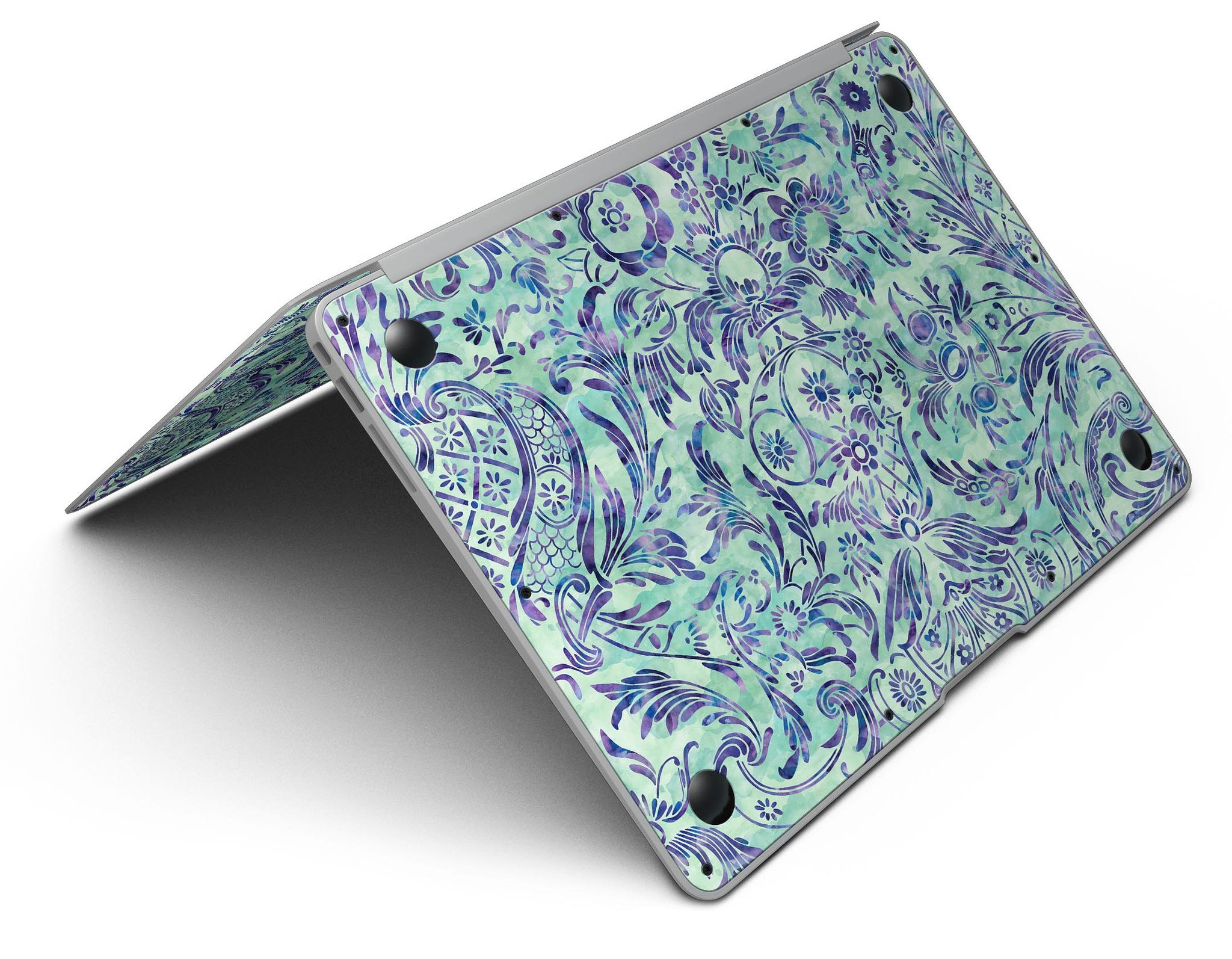Blue and Green Damask Watercolor Pattern MacBook Air Skin Kit showcasing vibrant colors and intricate design.