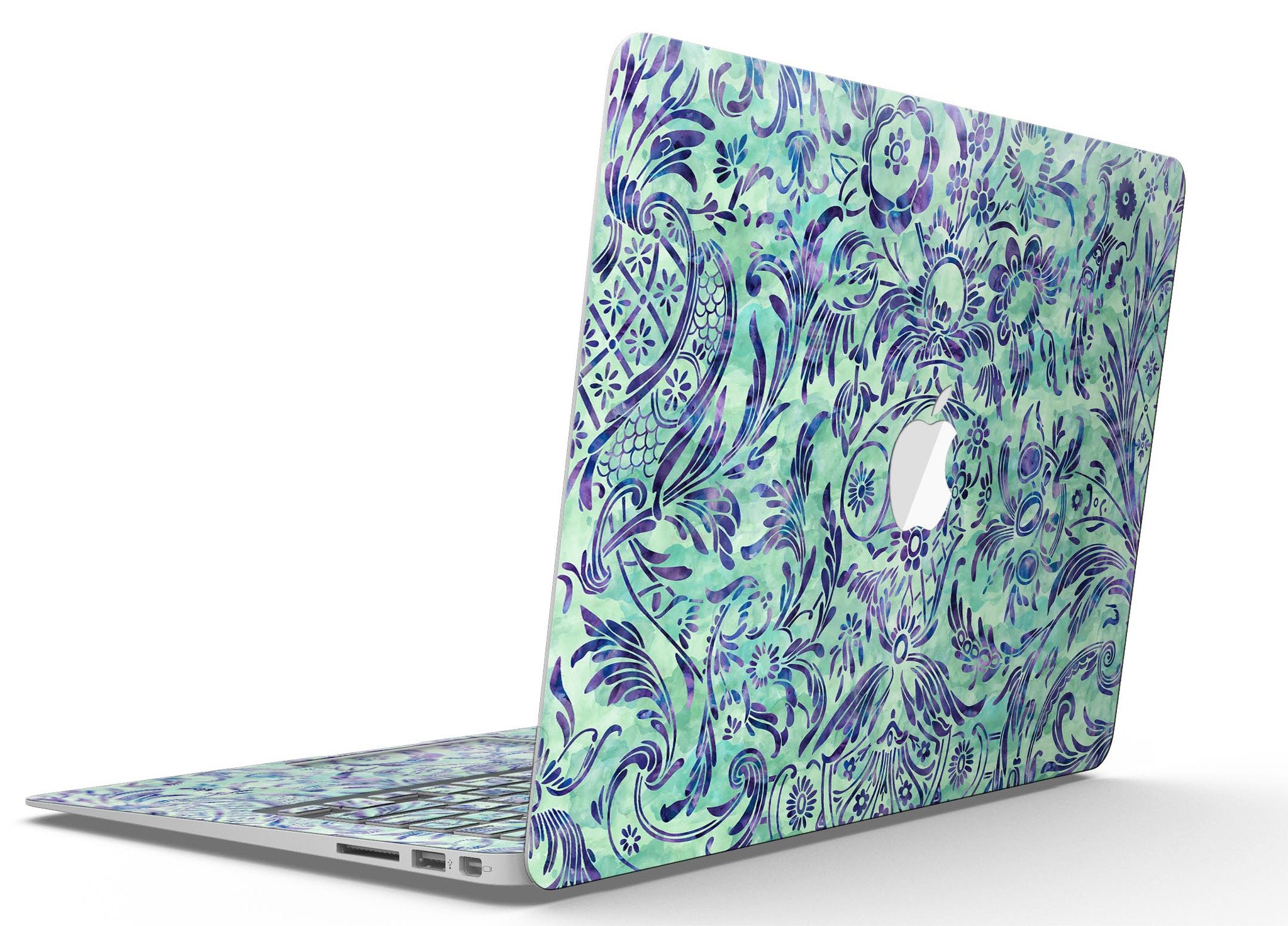 Blue and Green Damask Watercolor Pattern MacBook Air Skin Kit showcasing vibrant colors and intricate design.