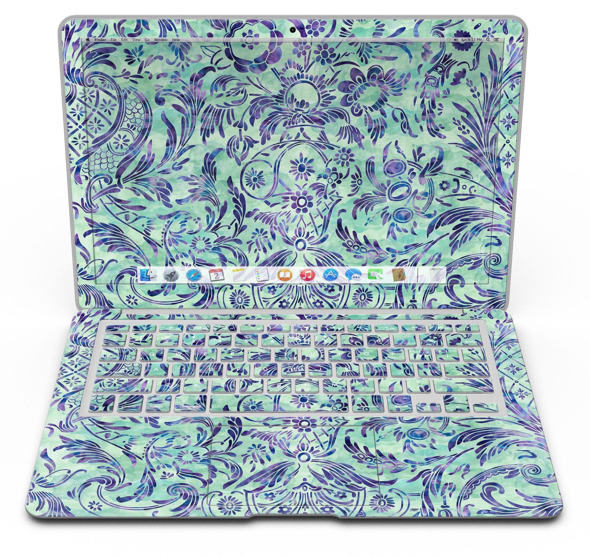Blue and Green Damask Watercolor Pattern MacBook Air Skin Kit showcasing vibrant colors and intricate design.