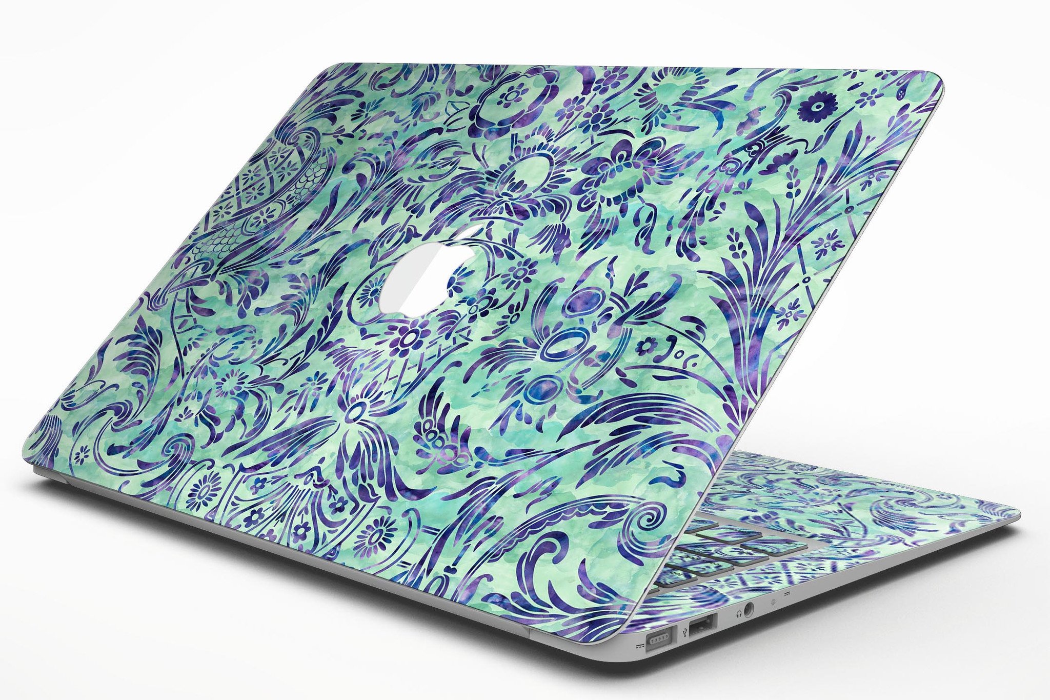 Blue and Green Damask Watercolor Pattern MacBook Air Skin Kit showcasing vibrant colors and intricate design.