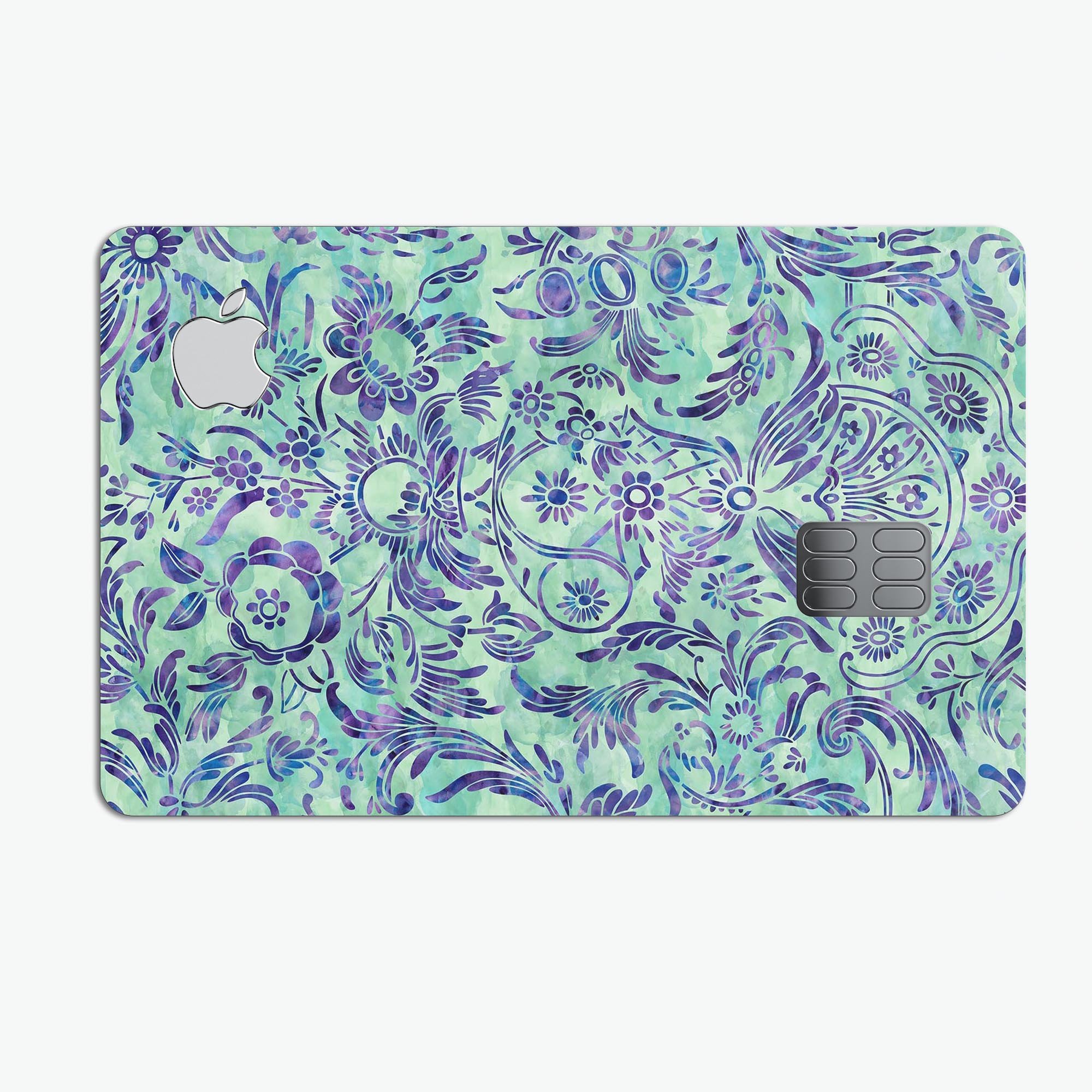 Blue and Green Damask Watercolor Pattern decal on an Apple Card, showcasing its vibrant design and premium quality.