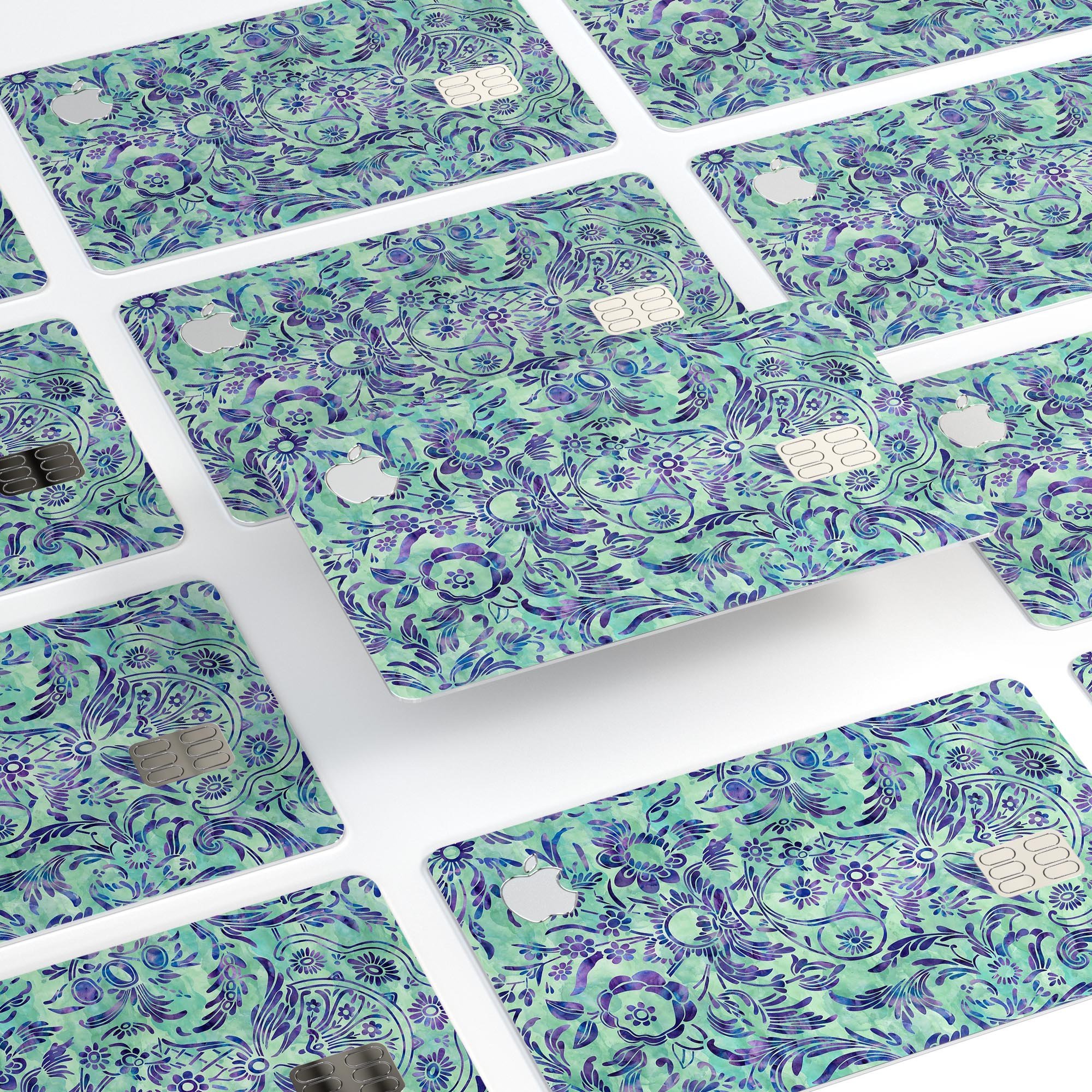 Blue and Green Damask Watercolor Pattern decal on an Apple Card, showcasing its vibrant design and premium quality.