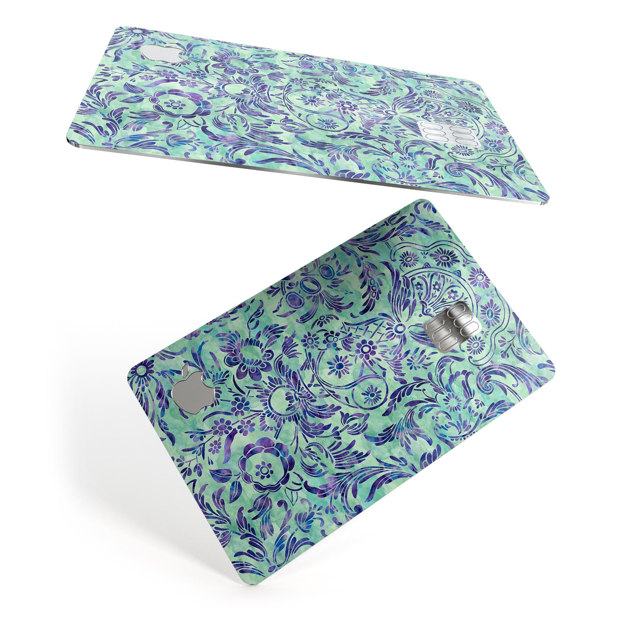 Blue and Green Damask Watercolor Pattern decal on an Apple Card, showcasing its vibrant design and premium quality.
