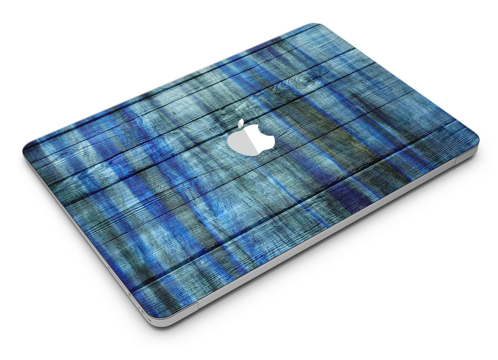 Blue and green tye-dyed vinyl skin for MacBook Air, showcasing vibrant colors and a sleek design.