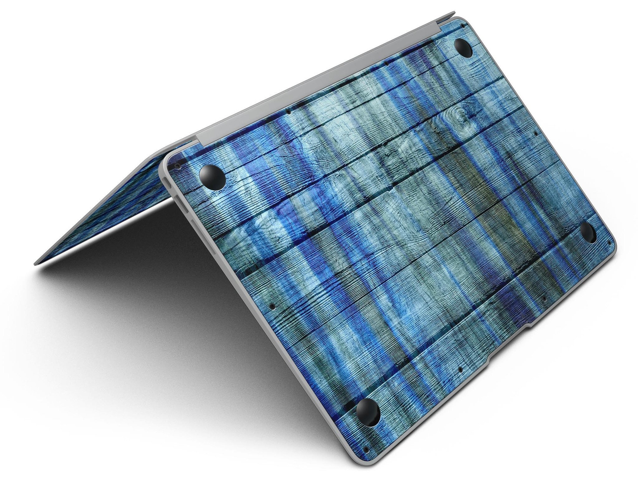 Blue and green tye-dyed vinyl skin for MacBook Air, showcasing vibrant colors and a sleek design.