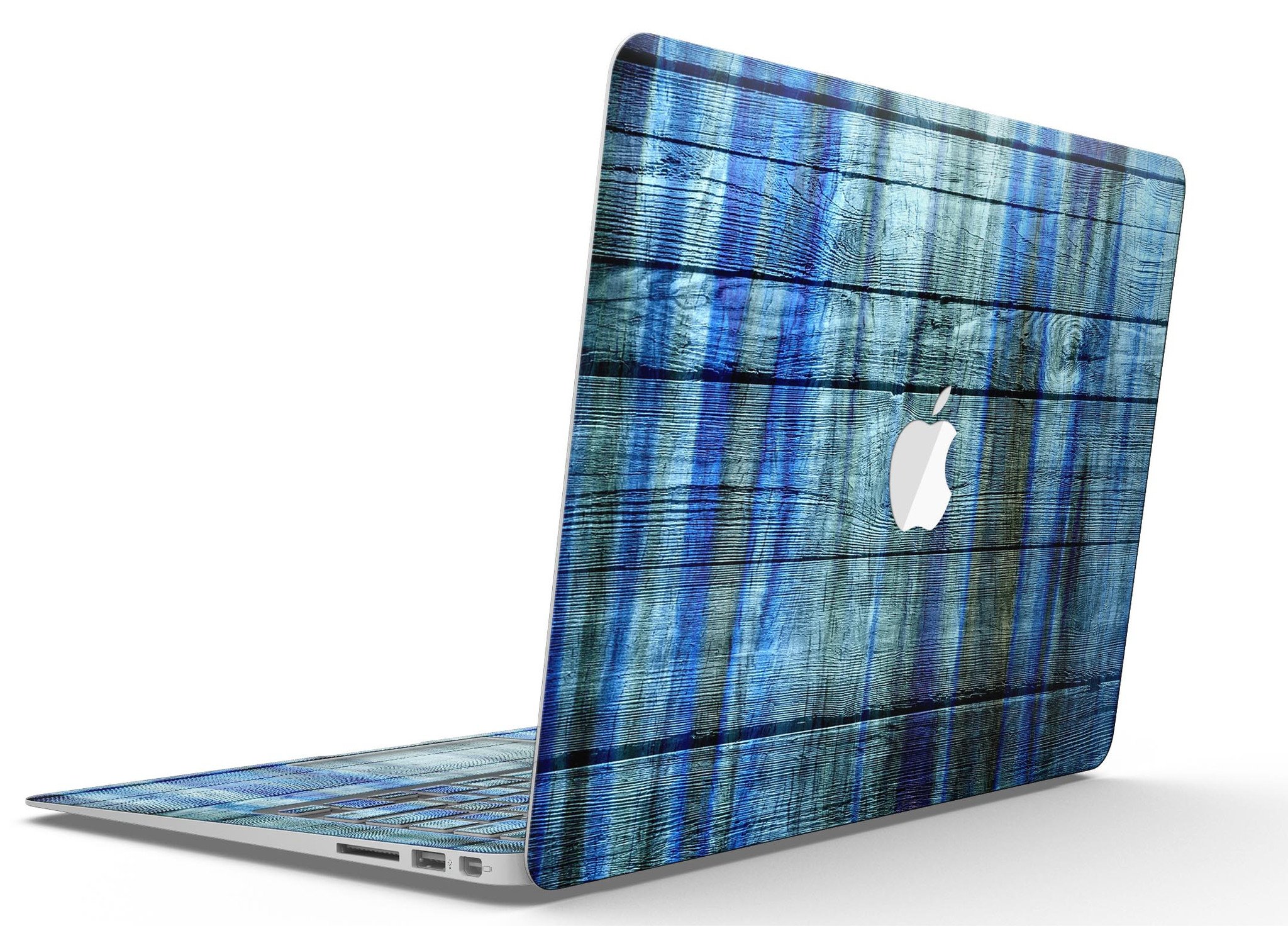 Blue and green tye-dyed vinyl skin for MacBook Air, showcasing vibrant colors and a sleek design.