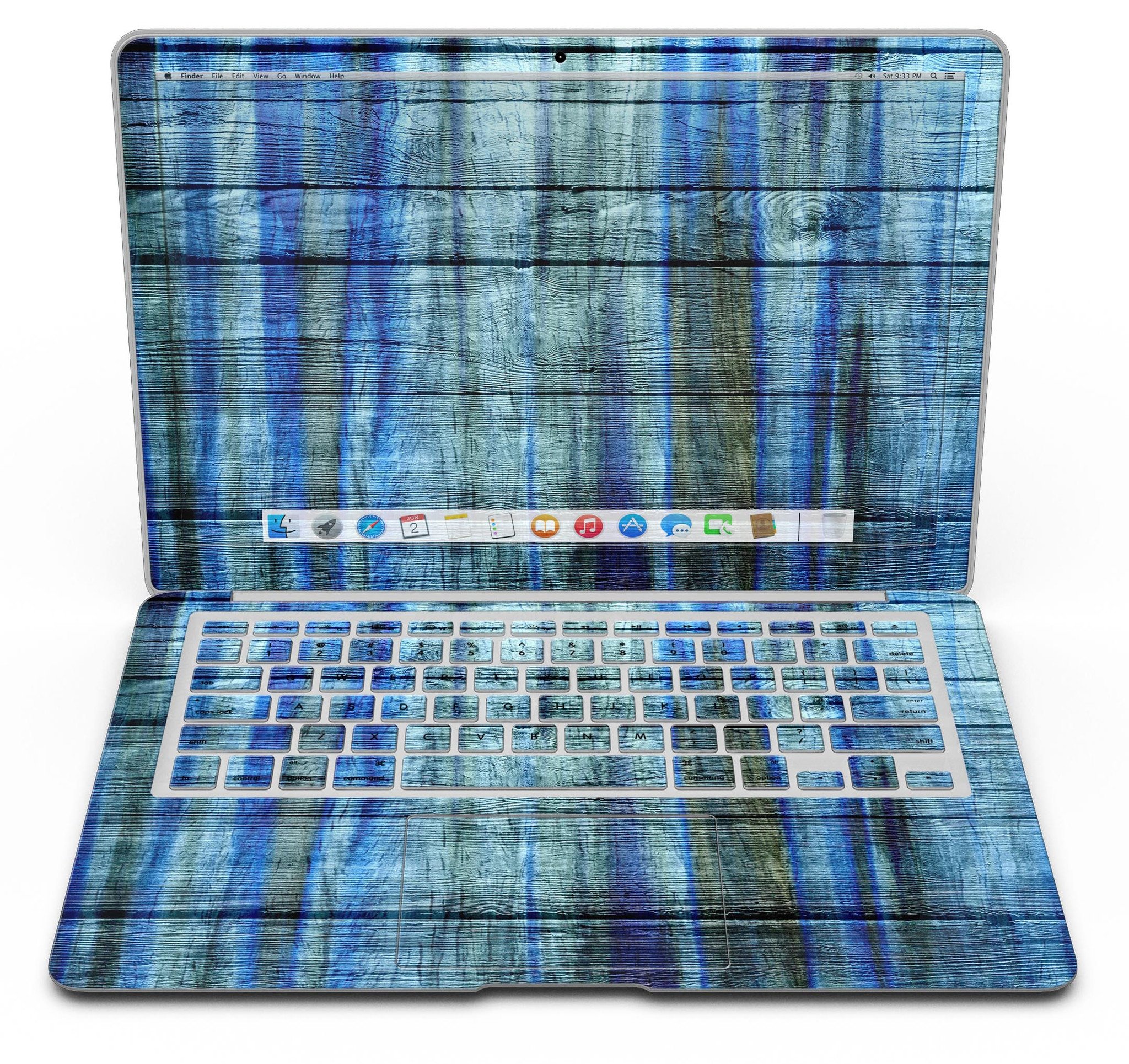 Blue and green tye-dyed vinyl skin for MacBook Air, showcasing vibrant colors and a sleek design.