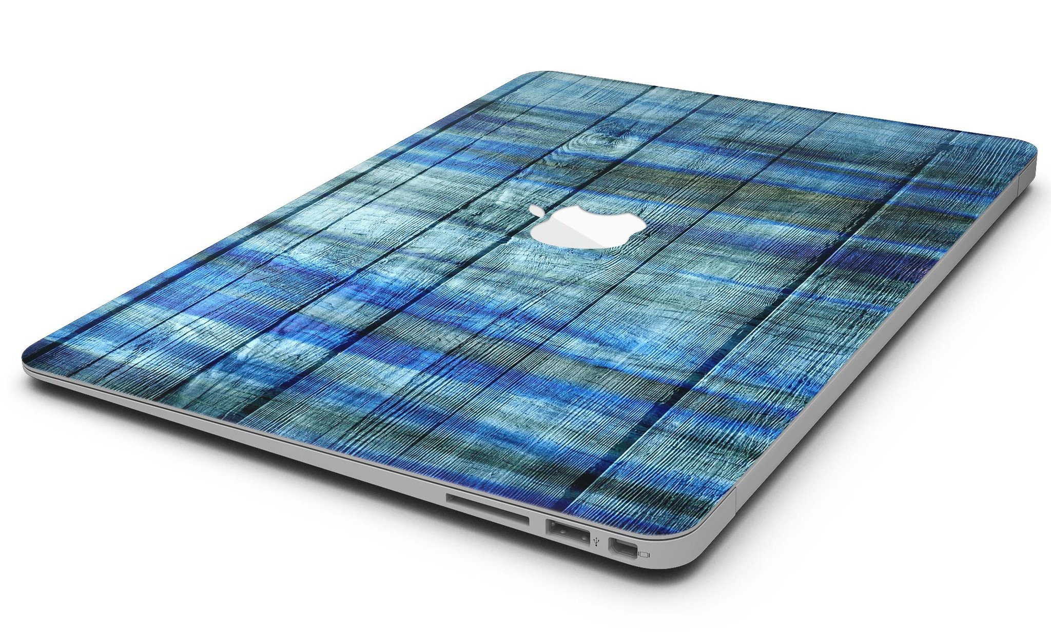 Blue and green tye-dyed vinyl skin for MacBook Air, showcasing vibrant colors and a sleek design.