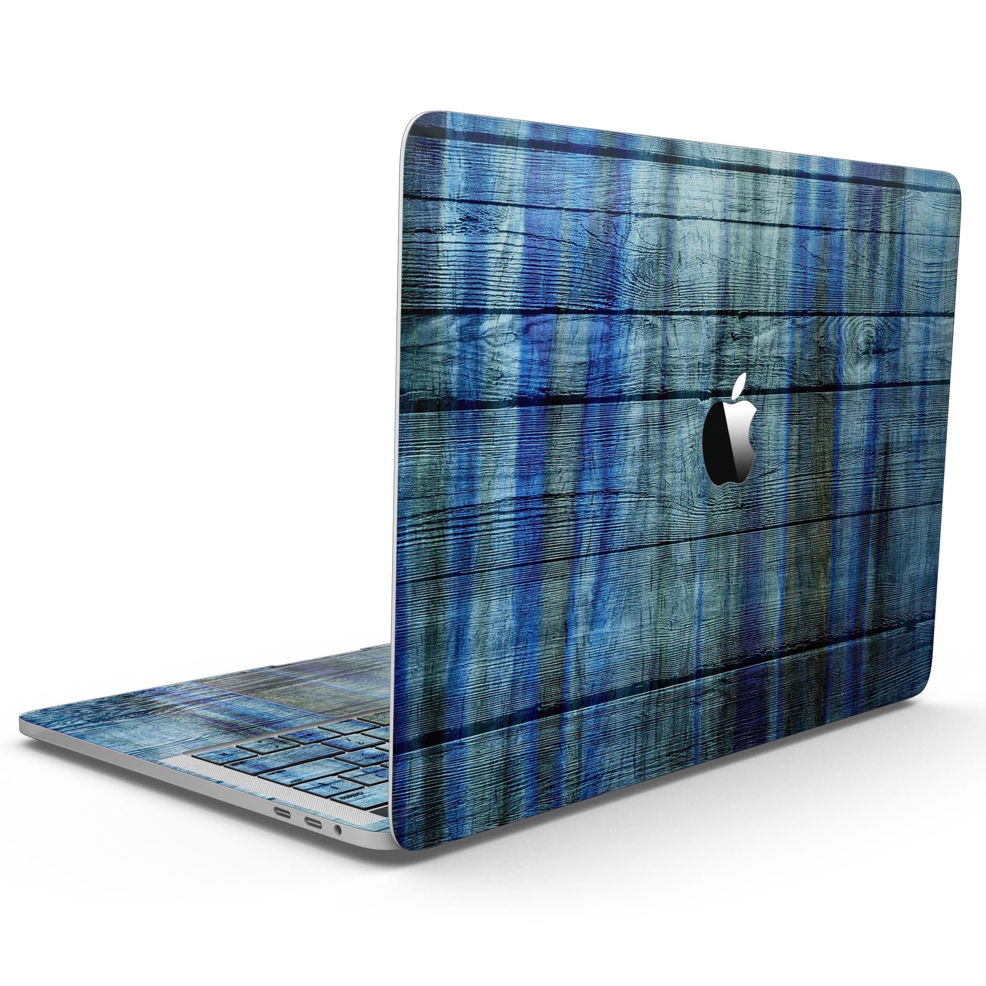 Blue and Green Tye-Dyed Wood Skin Kit for MacBook Pro, showcasing vibrant colors and a sleek design.