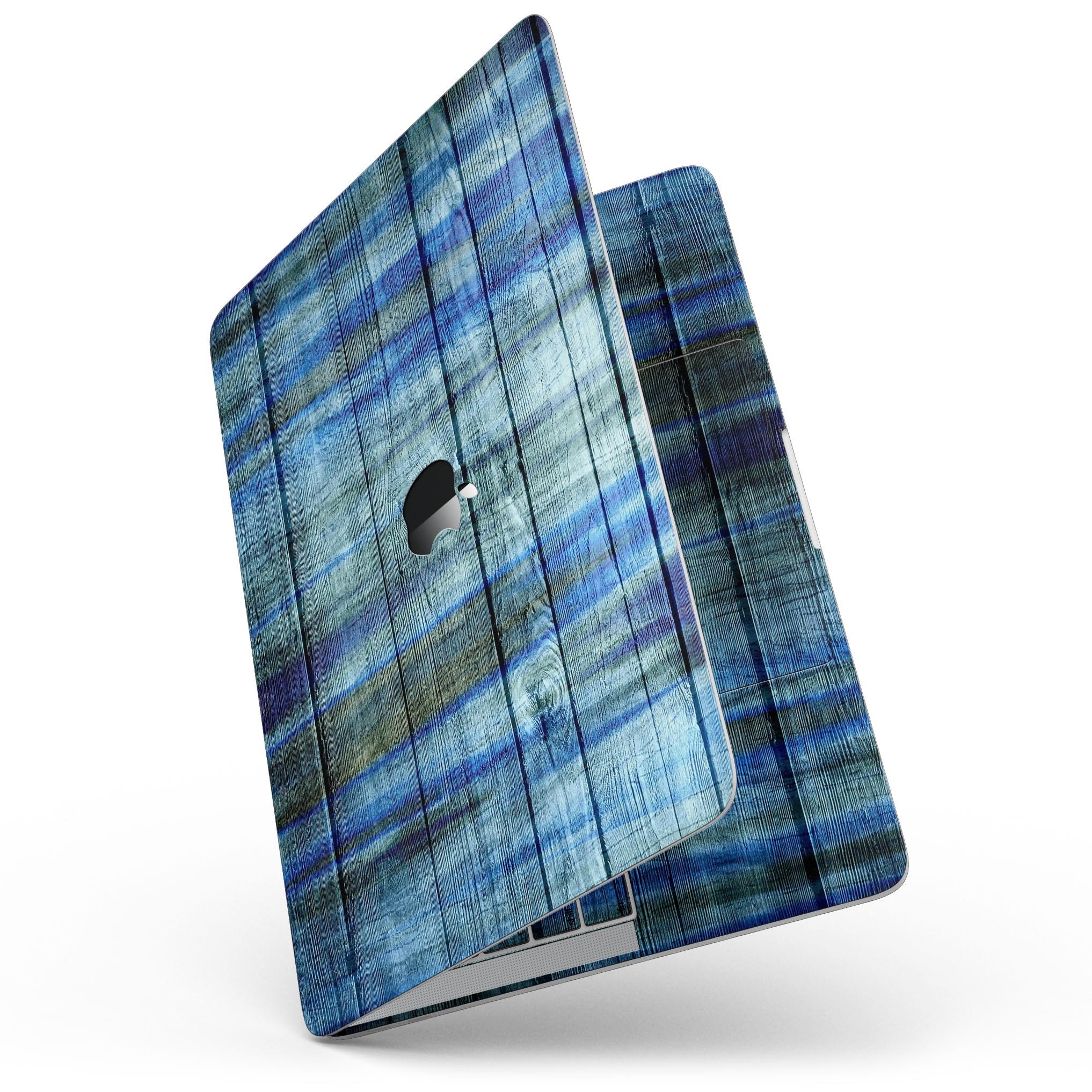 Blue and Green Tye-Dyed Wood Skin Kit for MacBook Pro, showcasing vibrant colors and a sleek design.