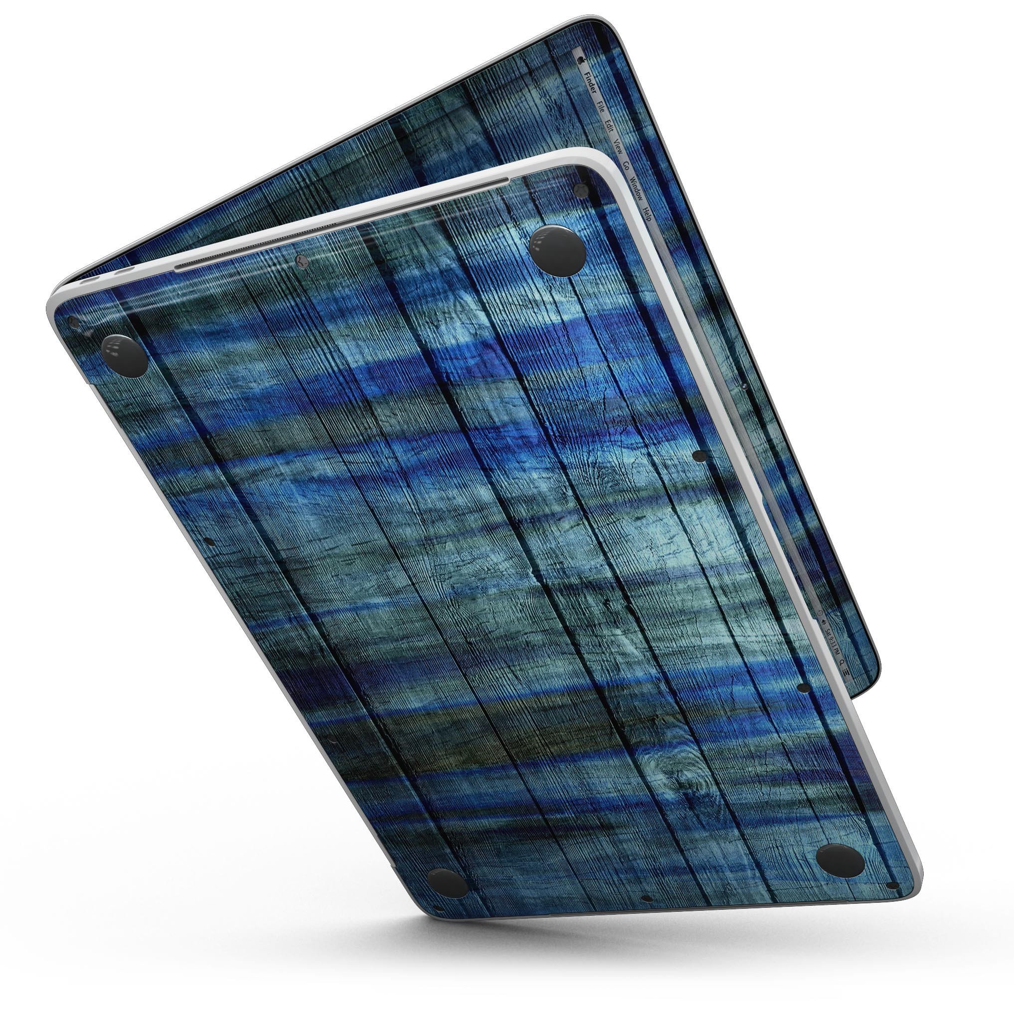 Blue and Green Tye-Dyed Wood Skin Kit for MacBook Pro, showcasing vibrant colors and a sleek design.