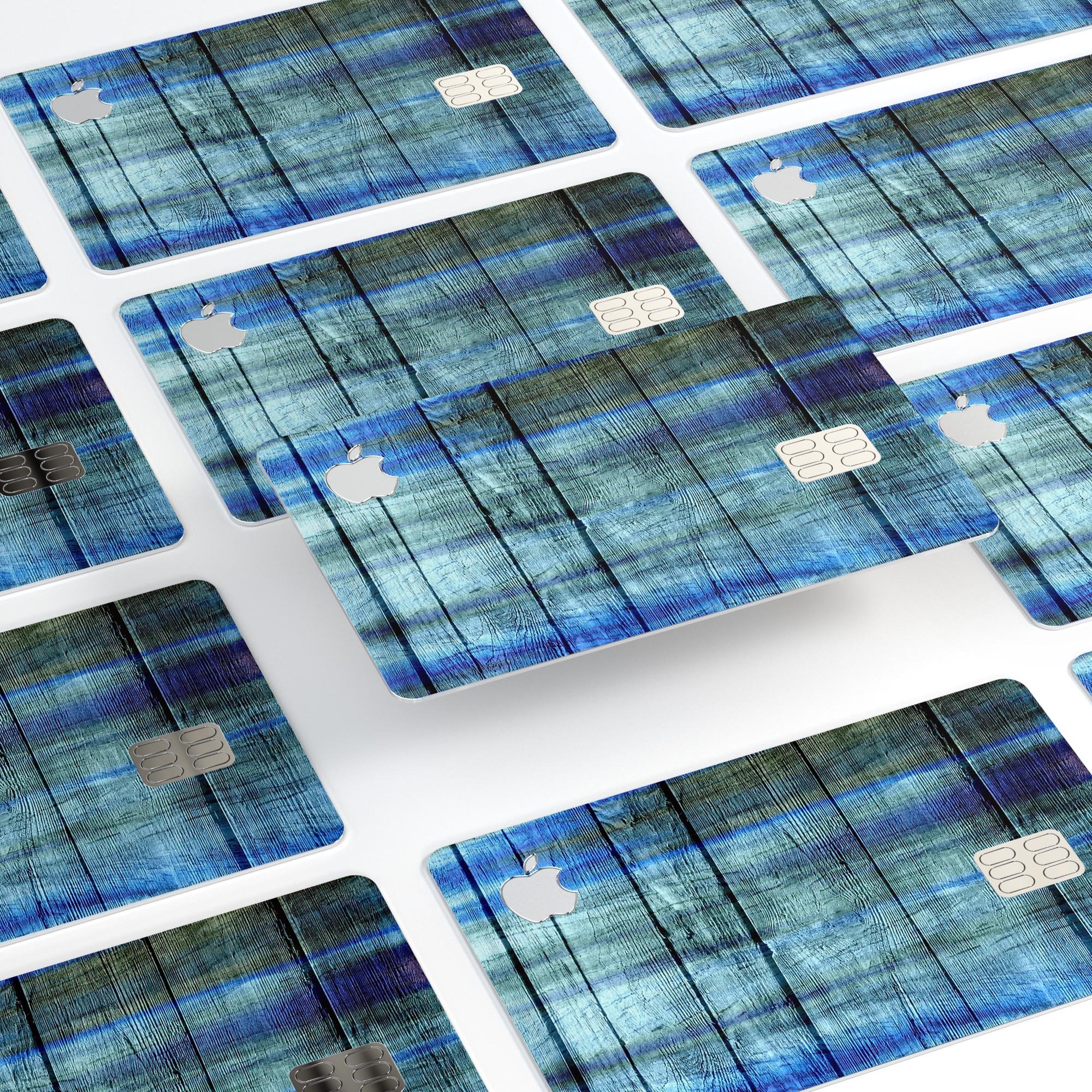 Blue and Green Tye-Dyed Wood decal skin for Apple Card, showcasing vibrant colors and a protective design.