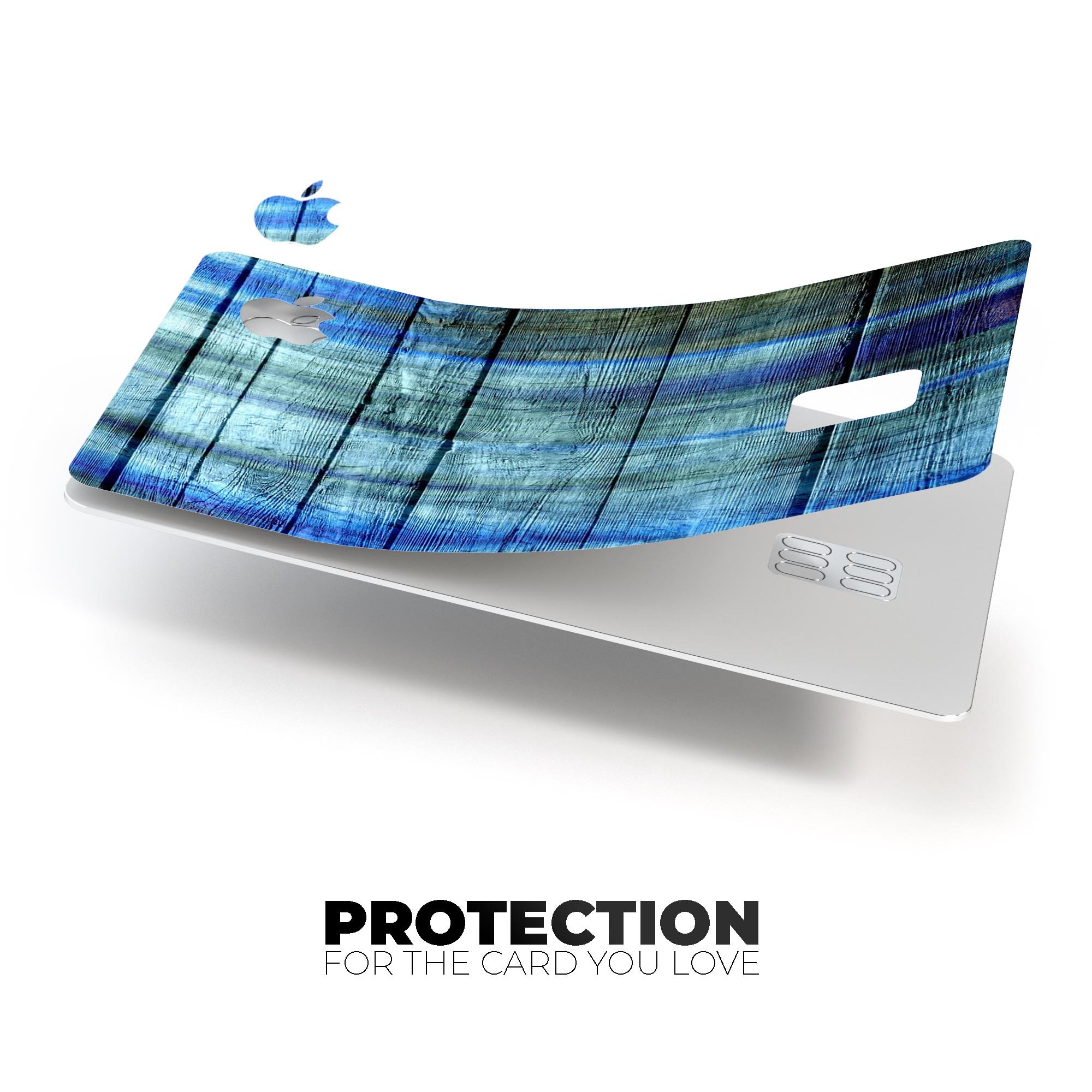 Blue and Green Tye-Dyed Wood decal skin for Apple Card, showcasing vibrant colors and a protective design.