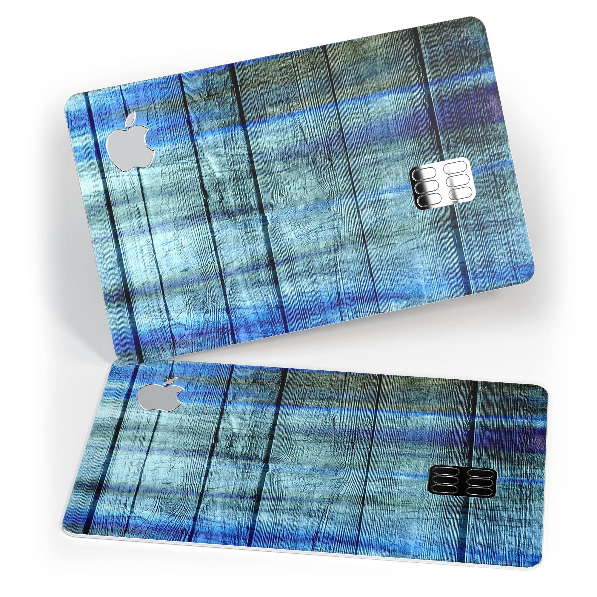 Blue and Green Tye-Dyed Wood decal skin for Apple Card, showcasing vibrant colors and a protective design.
