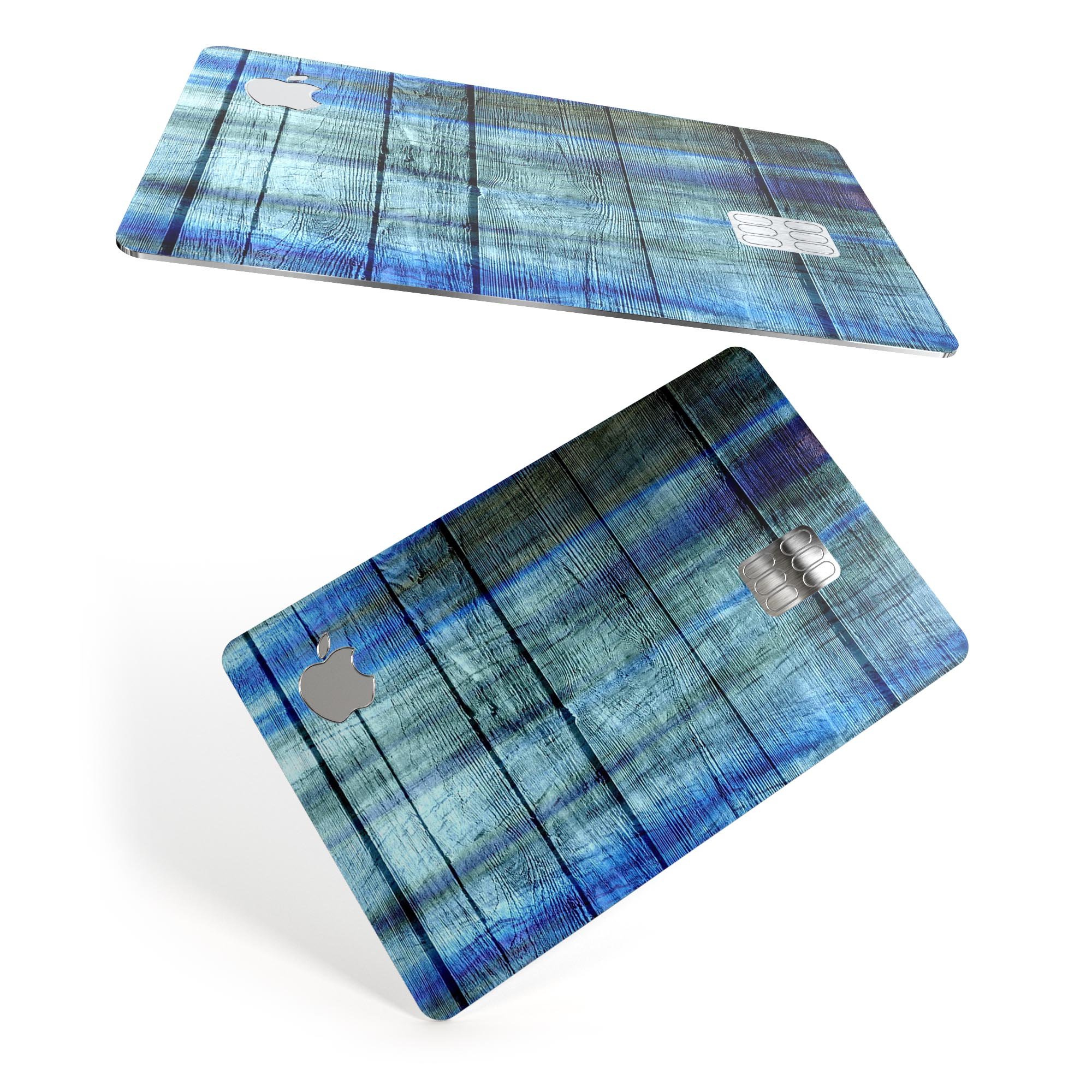 Blue and Green Tye-Dyed Wood decal skin for Apple Card, showcasing vibrant colors and a protective design.