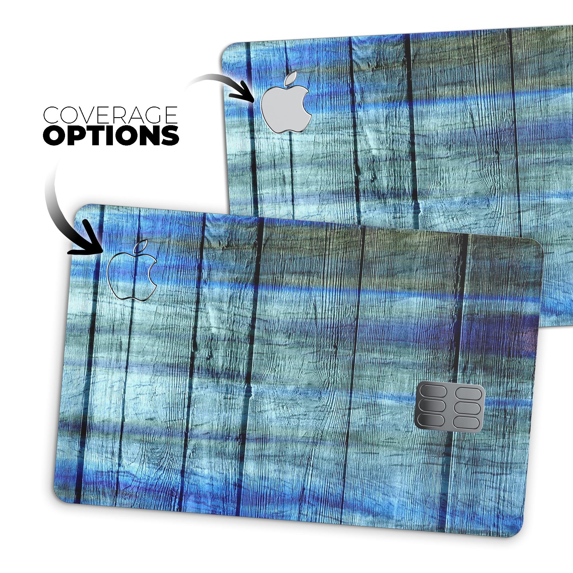 Blue and Green Tye-Dyed Wood decal skin for Apple Card, showcasing vibrant colors and a protective design.