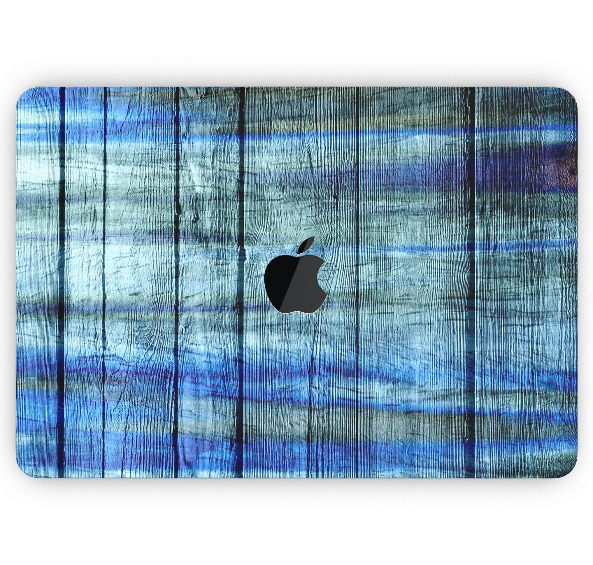 Blue and Green Tye-Dyed Wood Skin Decal Wrap Kit for MacBook, showcasing vibrant colors and a sleek design.
