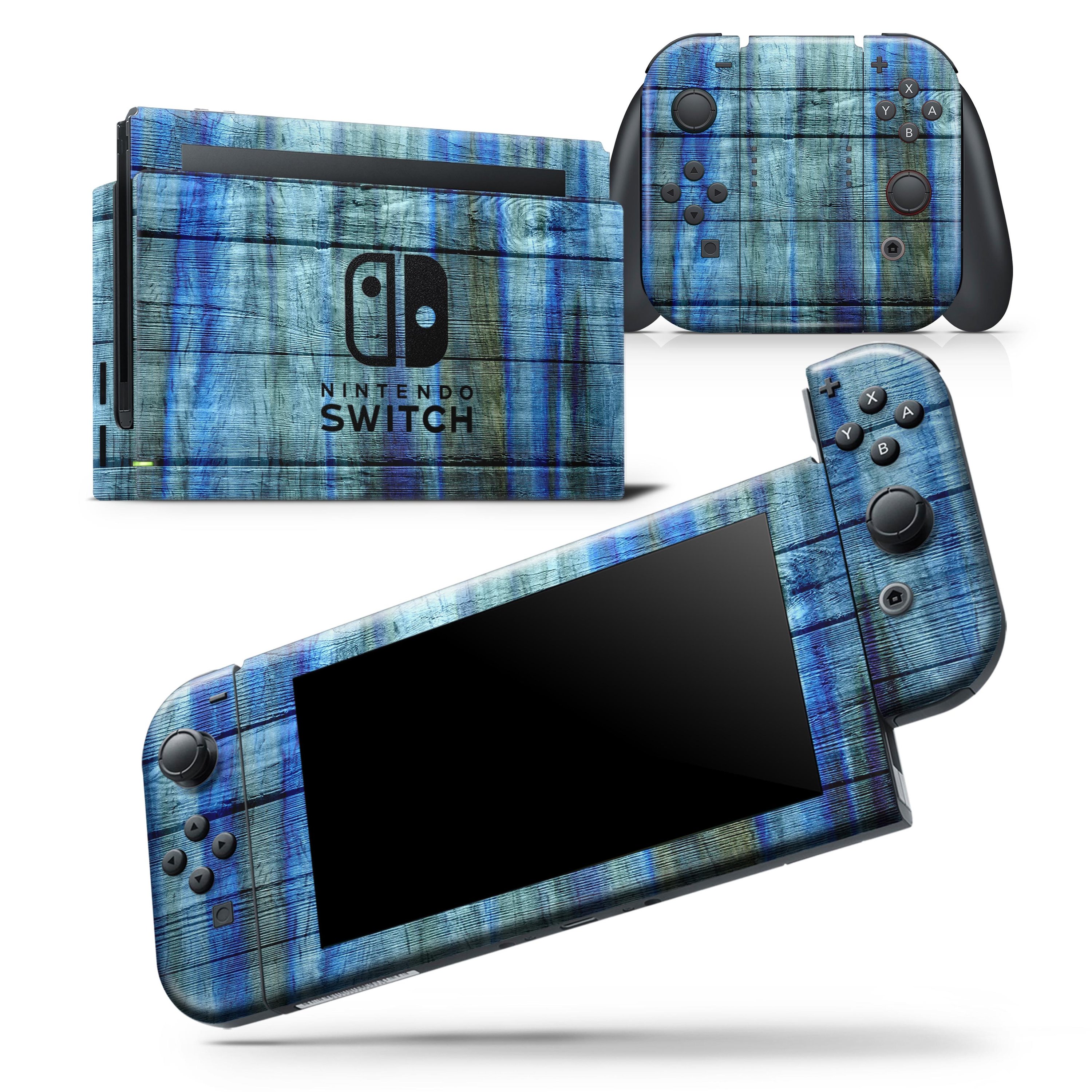 Blue and Green Tye-Dyed Wood Skin Wrap Decal for Nintendo Switch, showcasing vibrant colors and a sleek design.