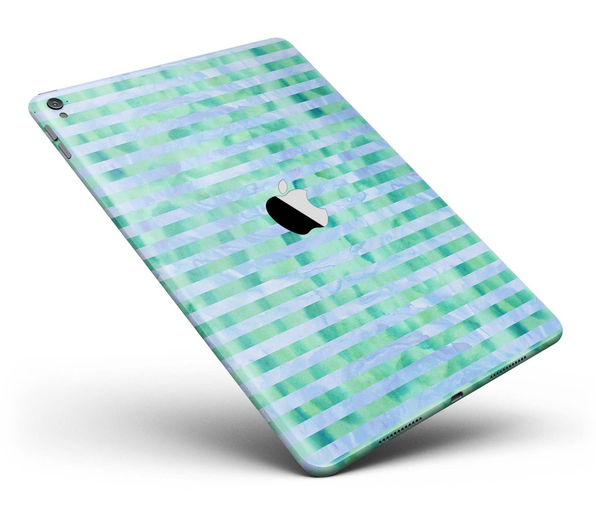 Blue and Green Watercolor Stripes Full Body Skin for iPad Pro, showcasing vibrant colors and a sleek design.