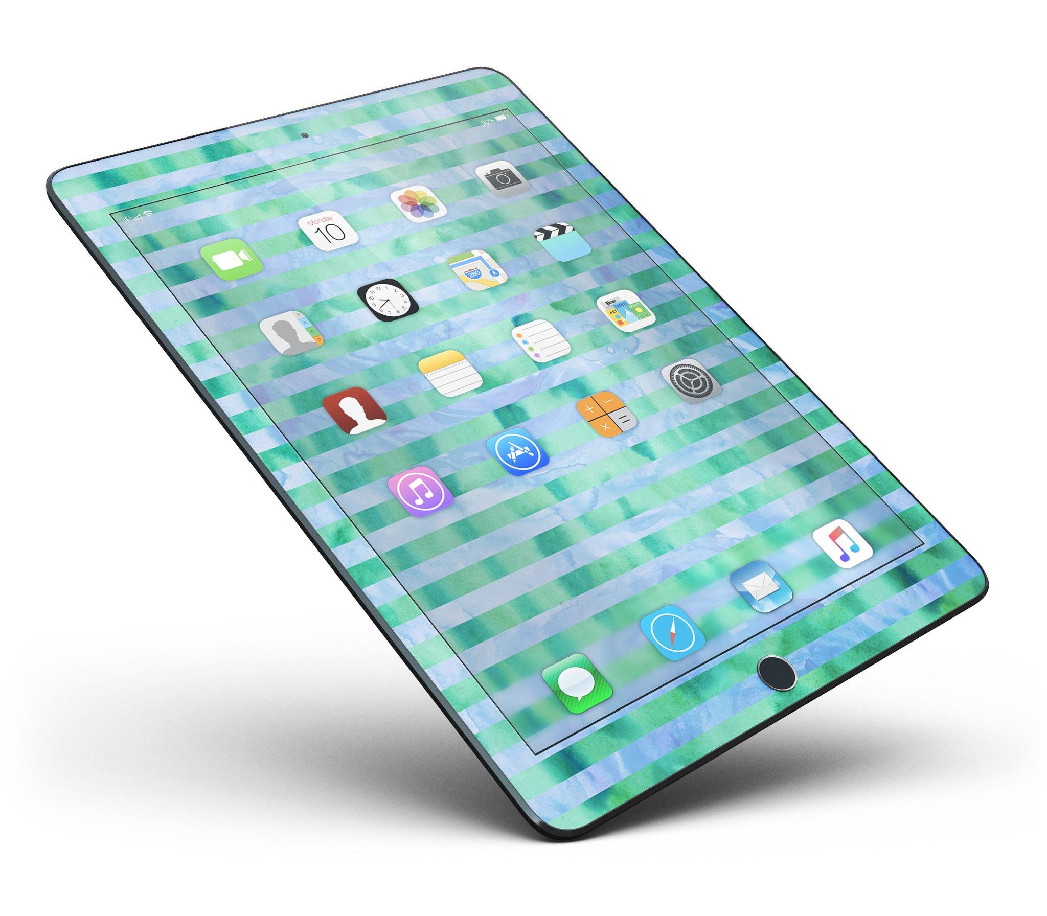 Blue and Green Watercolor Stripes Full Body Skin for iPad Pro, showcasing vibrant colors and a sleek design.