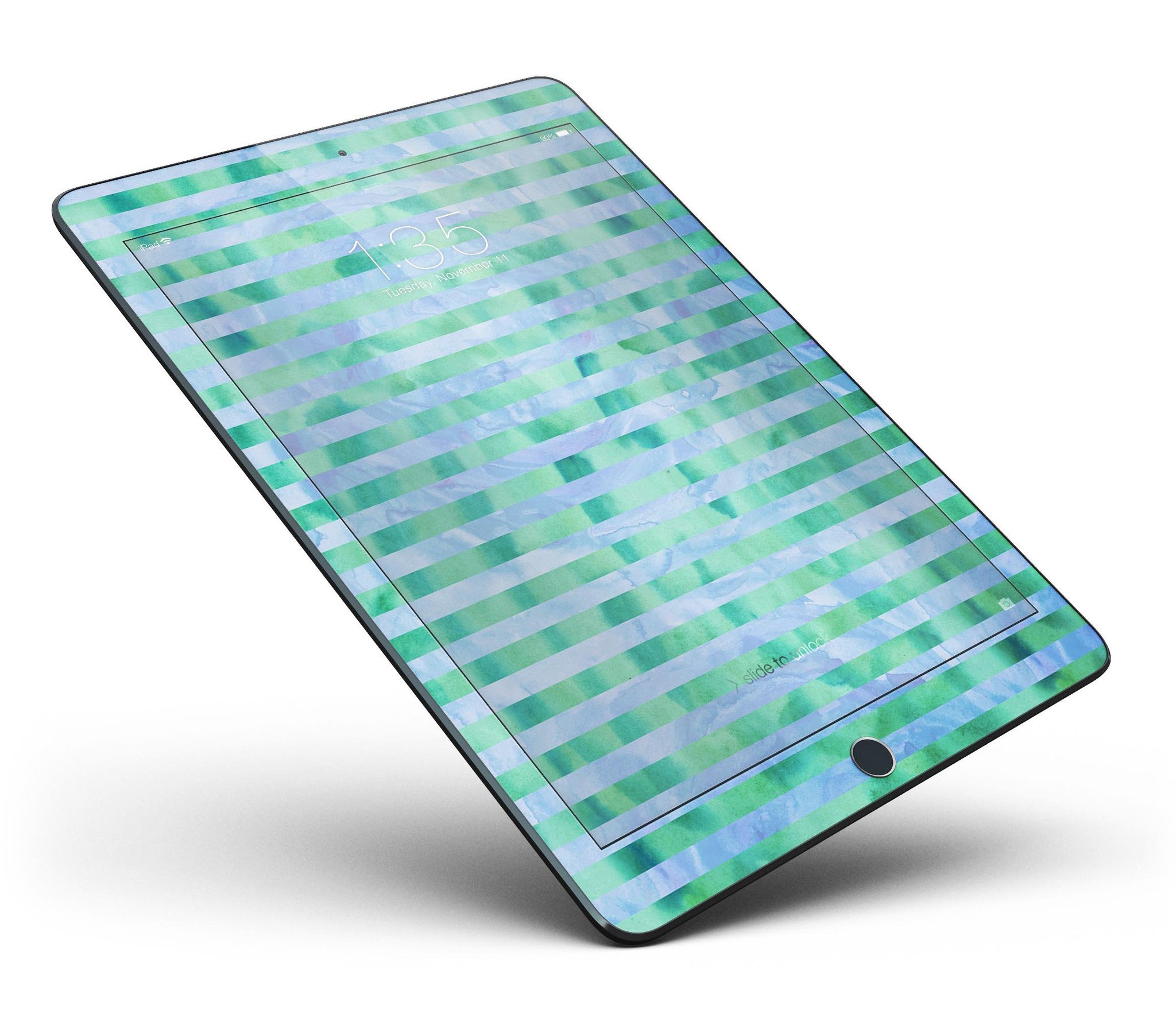 Blue and Green Watercolor Stripes Full Body Skin for iPad Pro, showcasing vibrant colors and a sleek design.