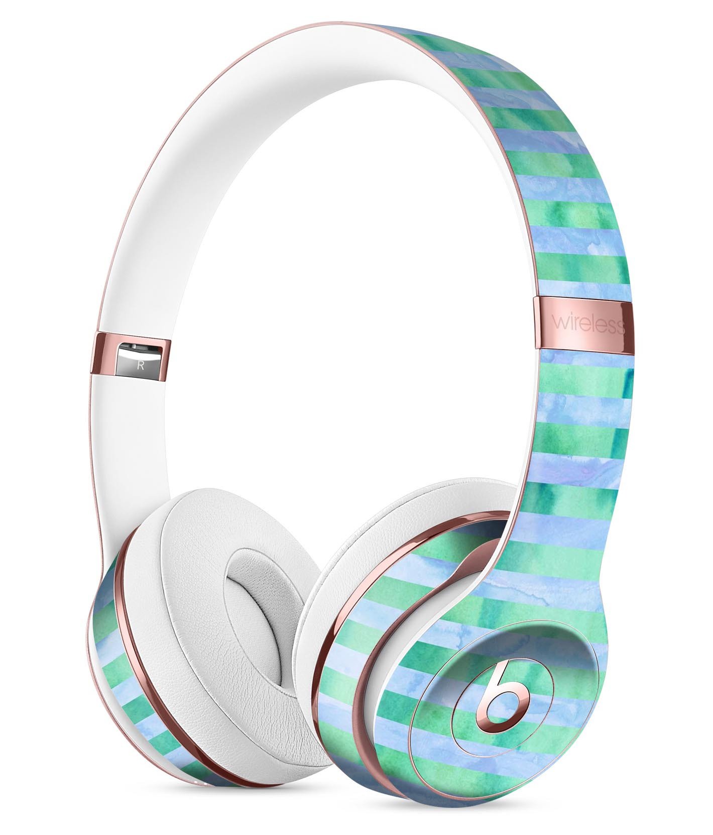 Blue and green watercolor stripes skin kit for Beats by Dre Solo 3 Wireless Headphones, showcasing vibrant colors and a stylish design.
